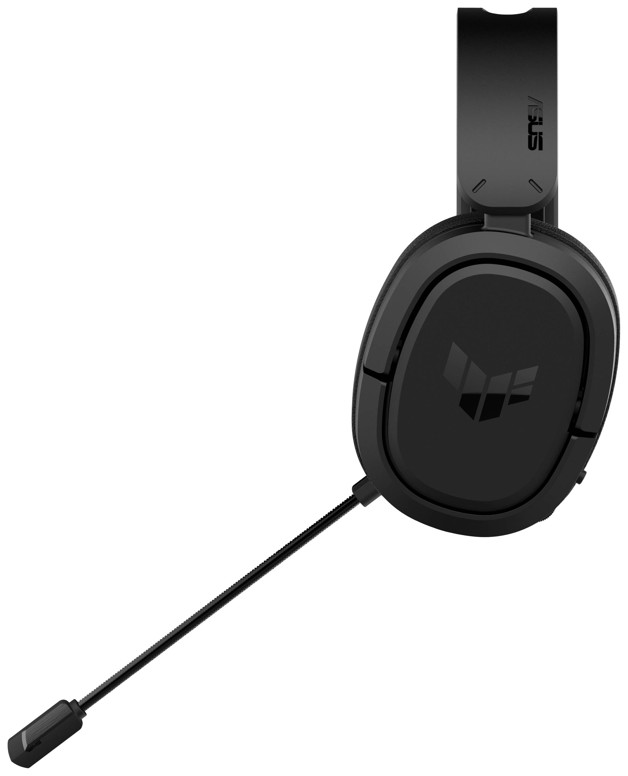 Schwarzer Gaming-Kopfhörer mit Mikrofonarm, Marke ASUS, seitlich abgebildet.