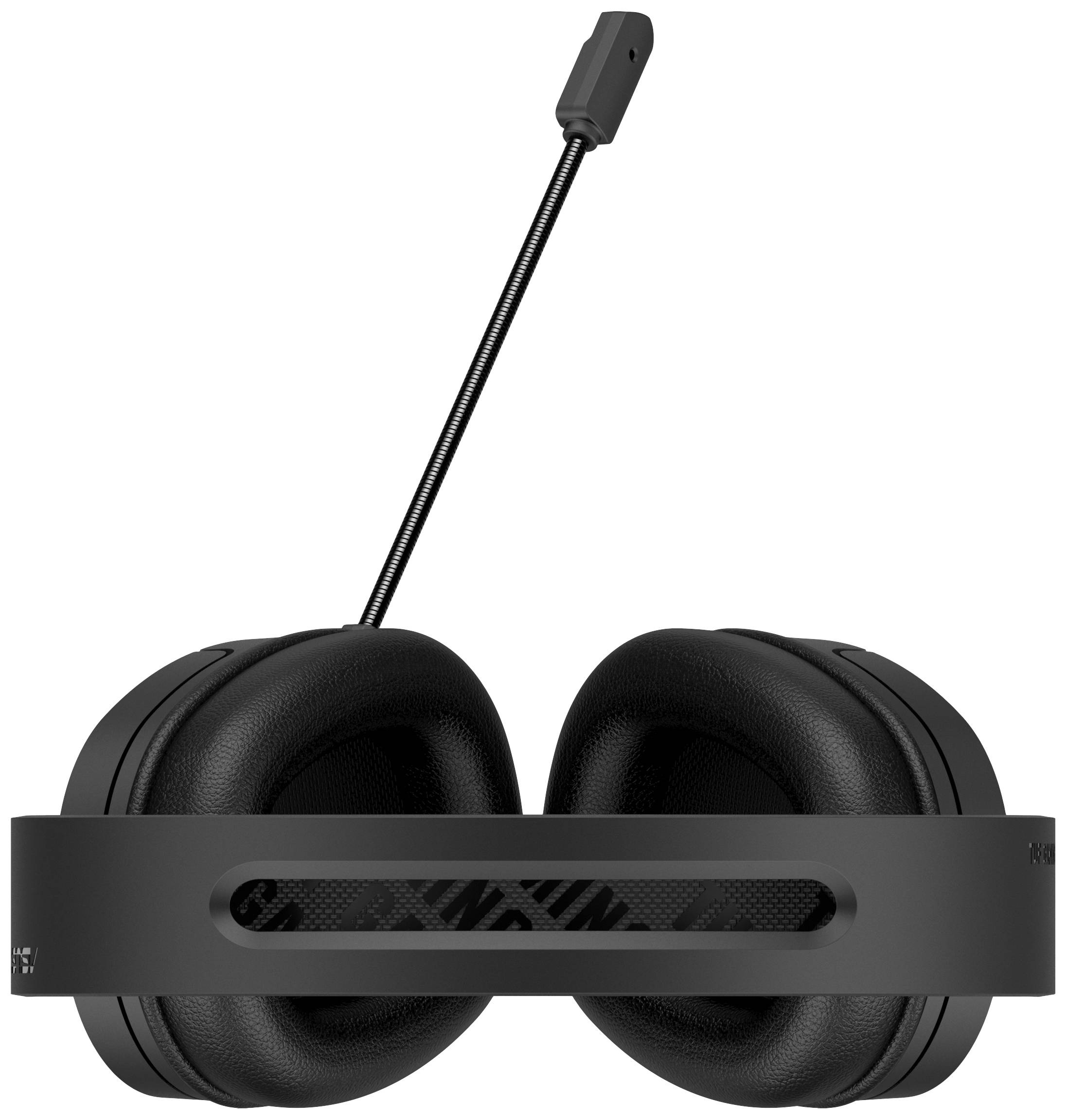 Schwarze Over-Ear-Kopfhörer mit integriertem Mikrofon, frontal abgebildet. Sie eignen sich für Spiele und Online-Kommunikation.