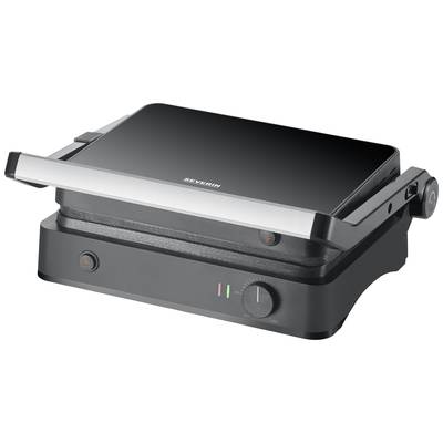 Ein schwarzer Kontaktgrill mit Edelstahlakzenten, Temperaturregler und Kontrollleuchten. Markenname 'SEVERIN' auf der Oberseite.