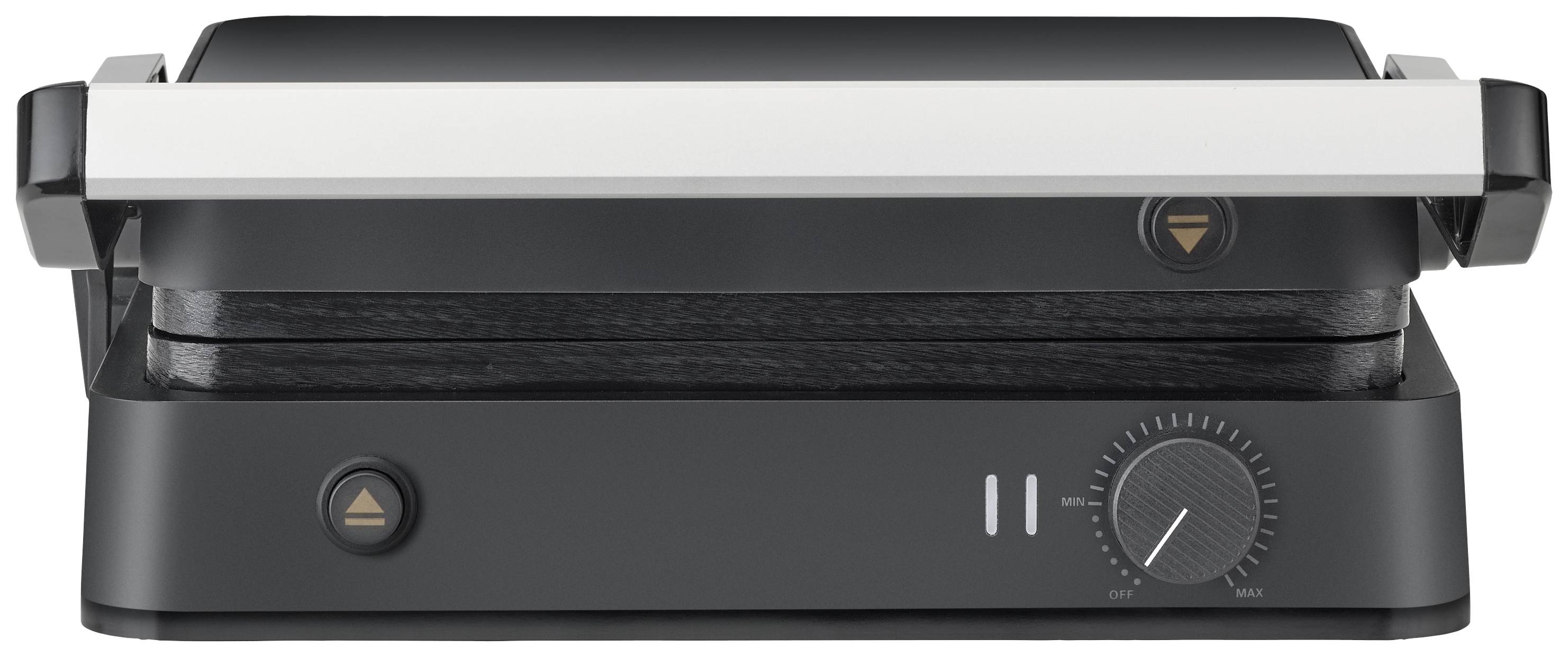 Schwarzer Panini-Grill mit silbernem Deckel, geschlossen. Zwei Knöpfe: linker mit Sandwich-Symbol, rechter ein Temperaturregler.