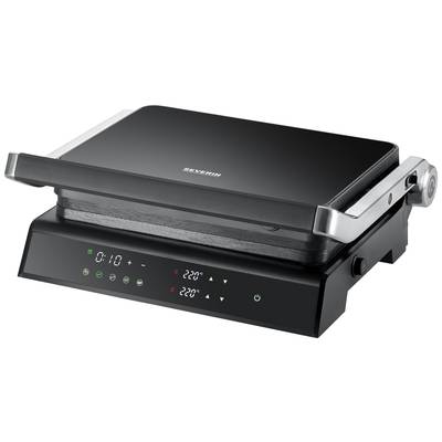 Schwarzer Elektrogrill mit digitaler Anzeige und Temperaturregler. Geeignet für Innen- und Außennutzung.
