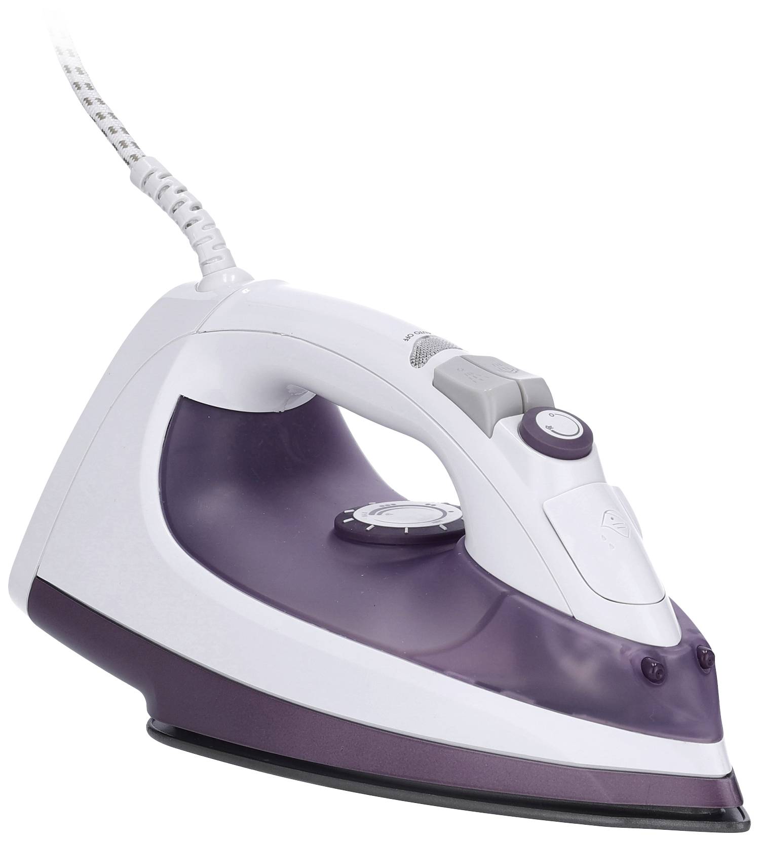 Bügeleisen in Weiß und Violett mit Kabel, seitliche Ansicht.