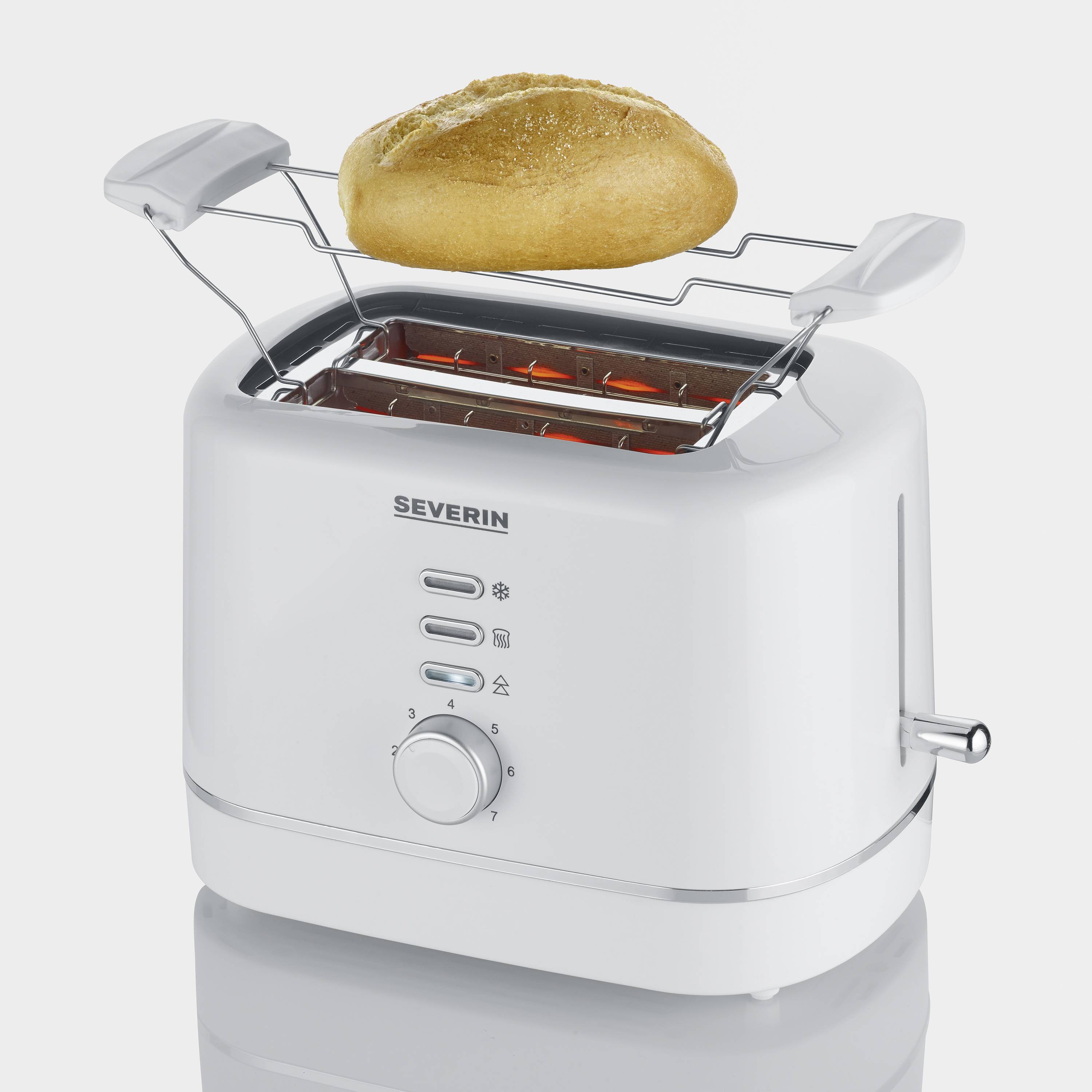 Weißer Toaster mit Brötchenaufsatz, darin ein Brötchen. Markiert mit verschiedenen Einstellungssymbolen.