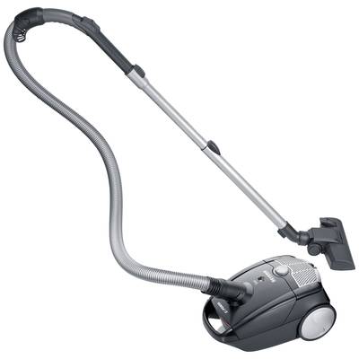 'Ein schwarzer Staubsauger mit langem Schlauch und verstellbarem Metallrohr, geeignet für die Bodenreinigung in Haushalten.'
