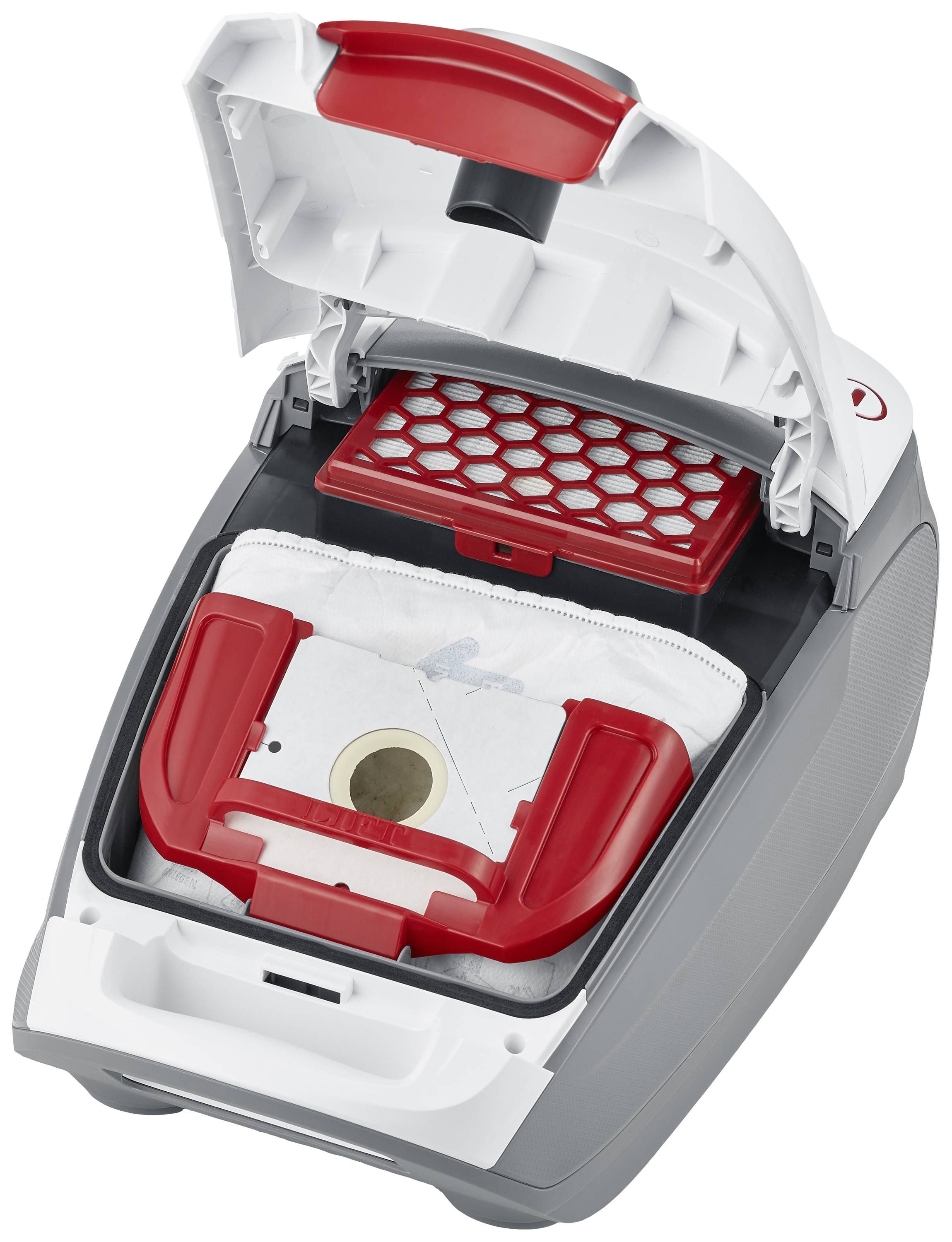 Staubsauger mit geöffneter Abdeckung, zeigt Staubbeutel und Filter. Der Staubbeutel ist weiß mit rotem Rand.