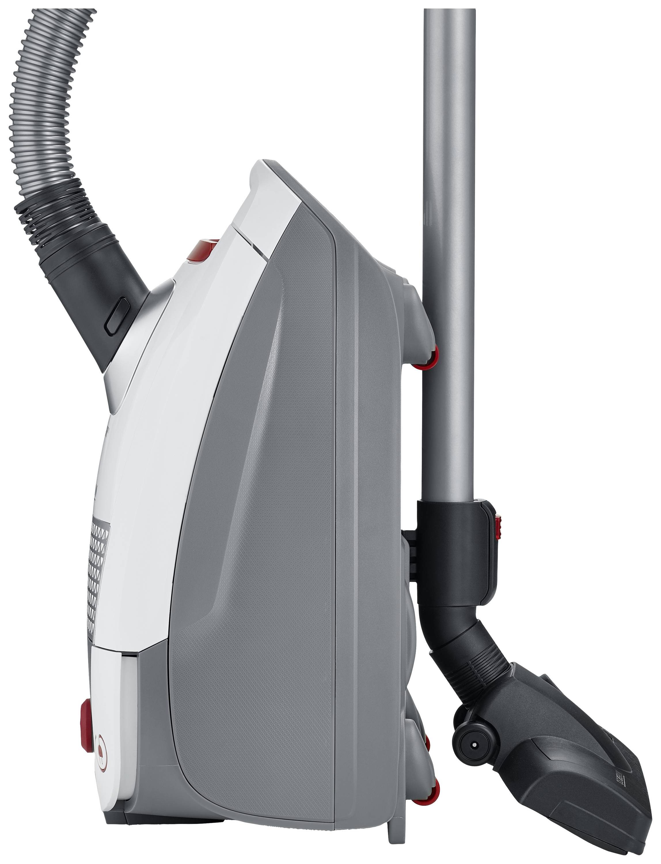 Seitenansicht eines grauen und weißen Staubsaugers mit verlängerbarem Rohr und Schlauch, erkennbar für die Bodenreinigung.