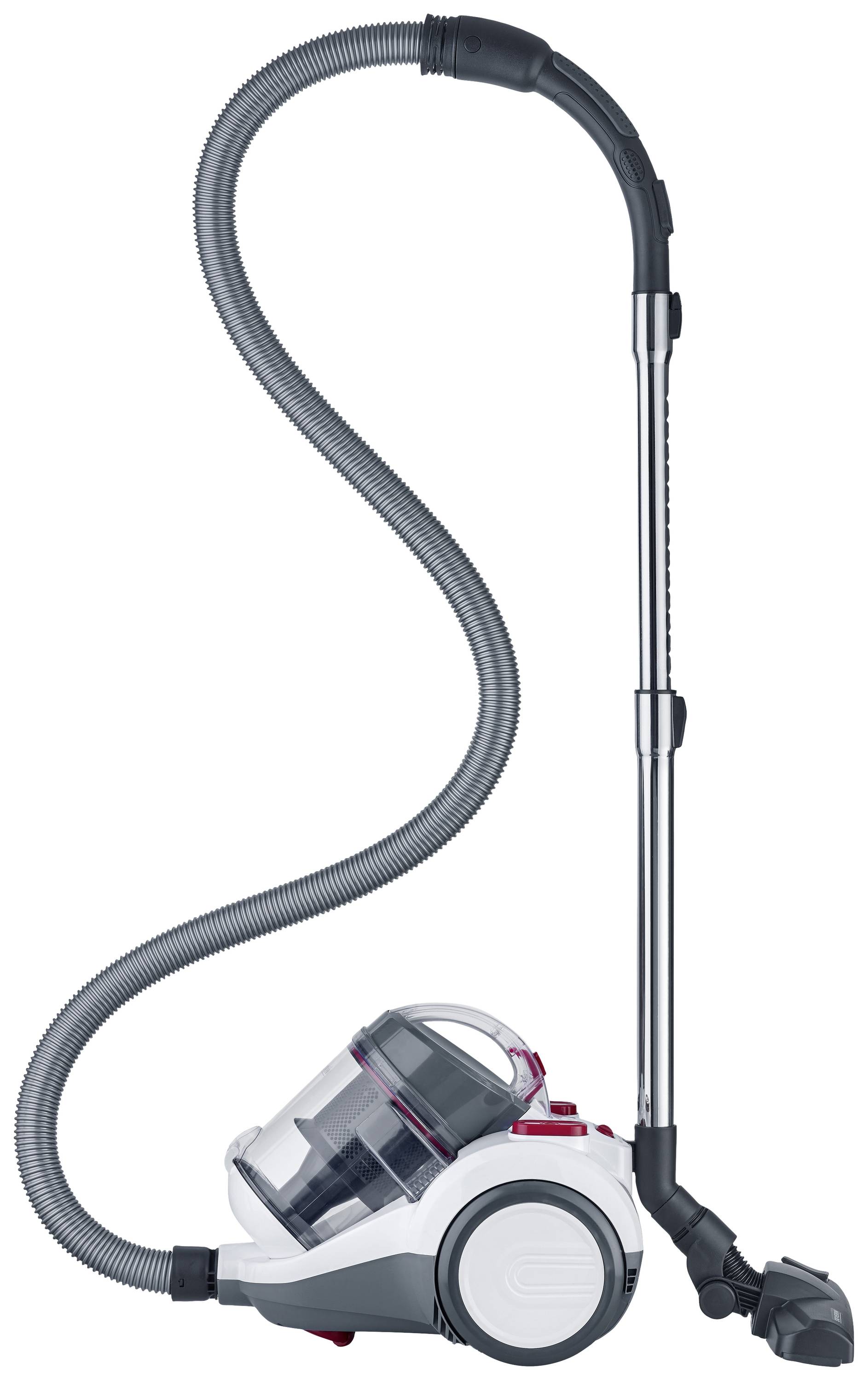 Ein weißer Staubsauger mit transparentem Schmutzbehälter und einem langen, flexiblen Saugschlauch, steht aufrecht auf dem Boden.