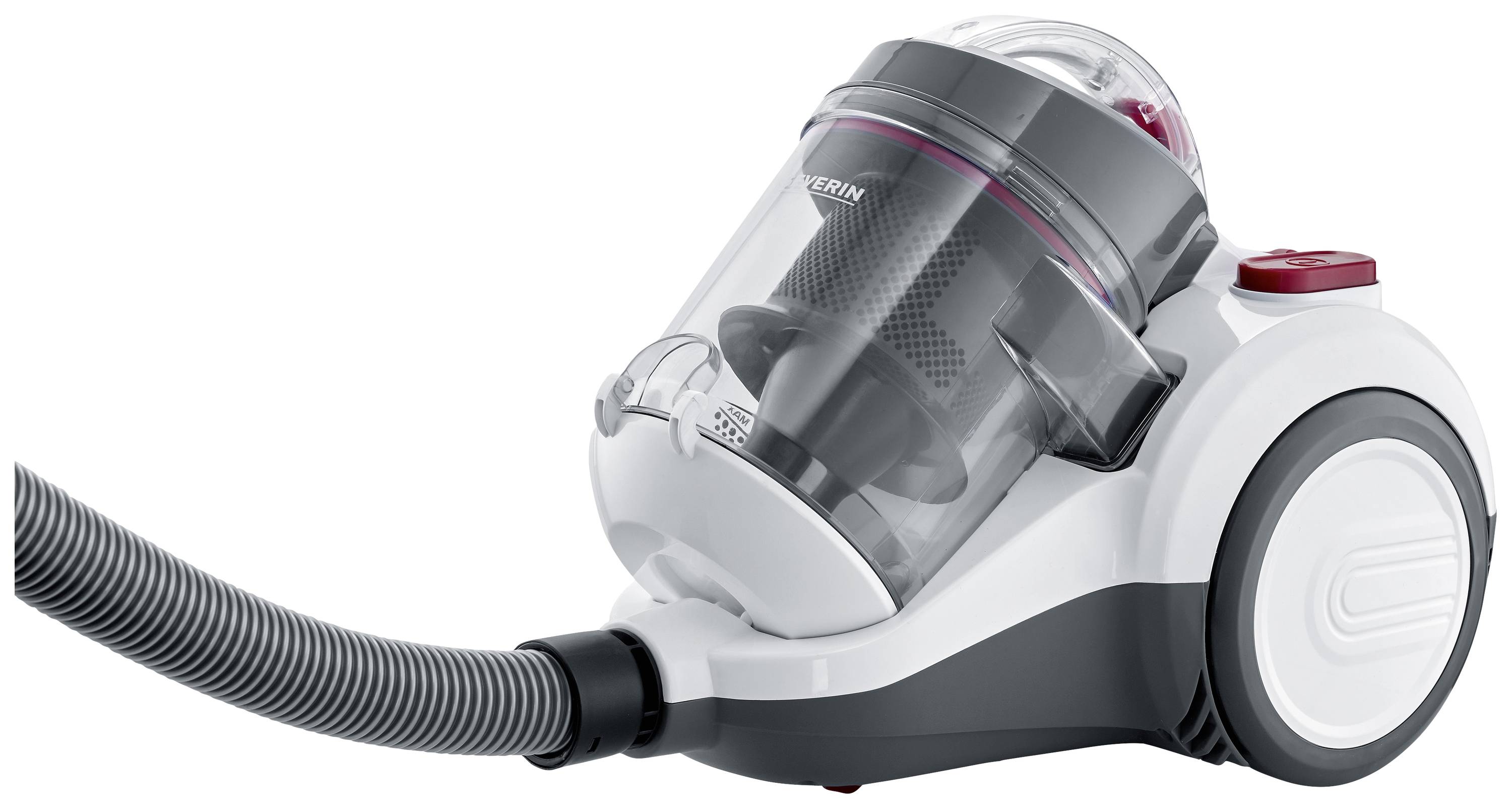 Ein kompakter, beutelloser Staubsauger mit transparentem Schmutzbehälter und Schlauch, geeignet für einfache Reinigung im Haushalt.