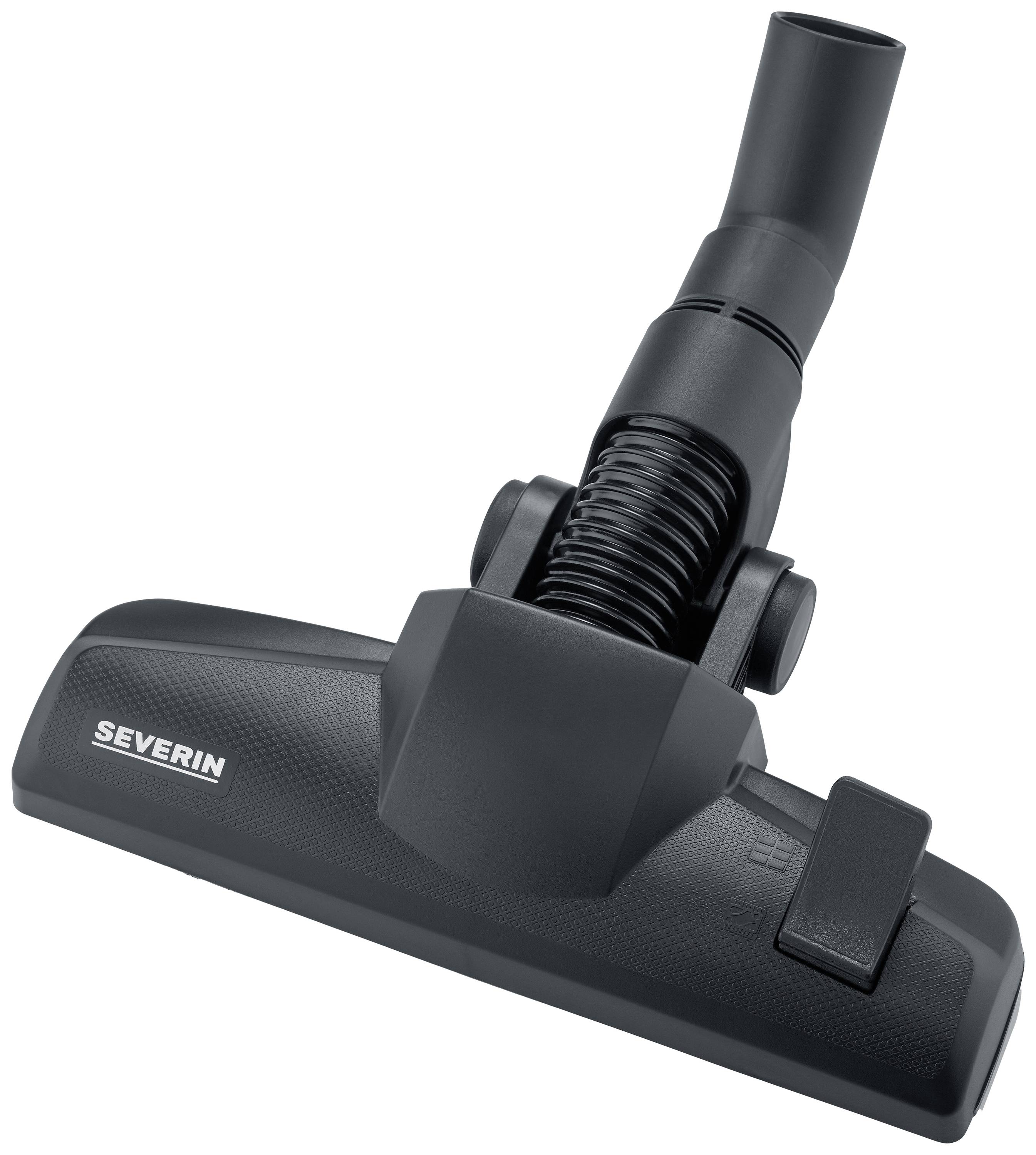 Staubsaugerdüse mit der Aufschrift 'Severin', schwarz, mit seitlichem Anschluss und verstellbarem Drehgelenk für Teppich oder Hartboden.