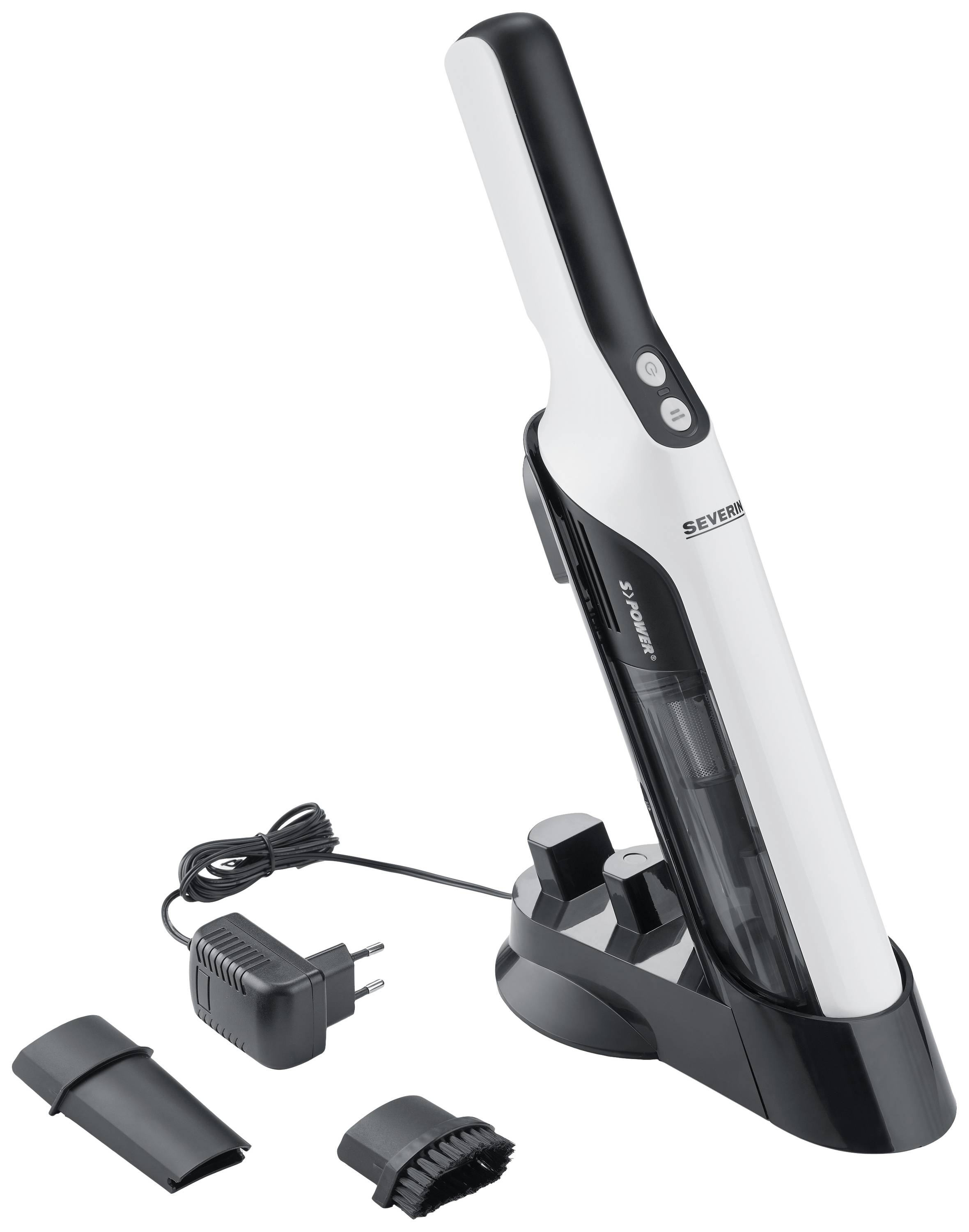 Tragbarer Handstaubsauger in Schwarz-Weiß, steht auf einer Ladestation. Zubehörteile wie Bürste und Düsenaufsätze liegen daneben.