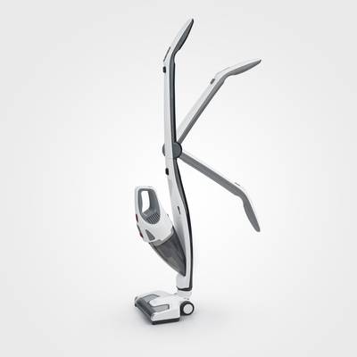 Kabelloser Staubsauger in modernem Design, aufrecht stehend mit klappbarem Griff, in weiß und grau.