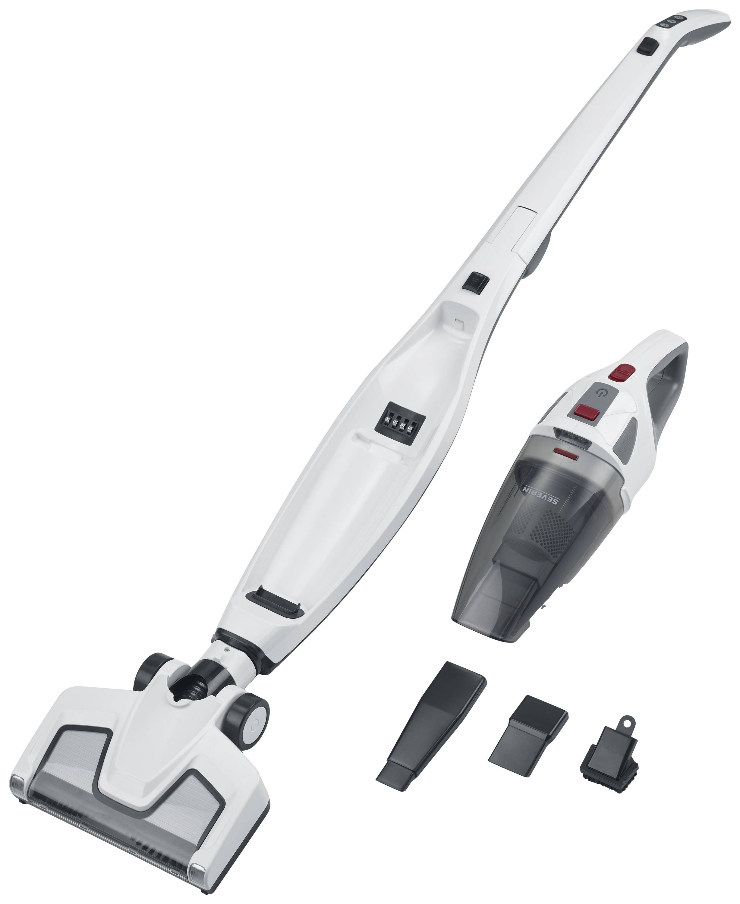 Ein weißer kabelloser Staubsauger mit Aufsätzen und abnehmbarem Handgerät, ideal für die Reinigung von Böden und Möbeln.