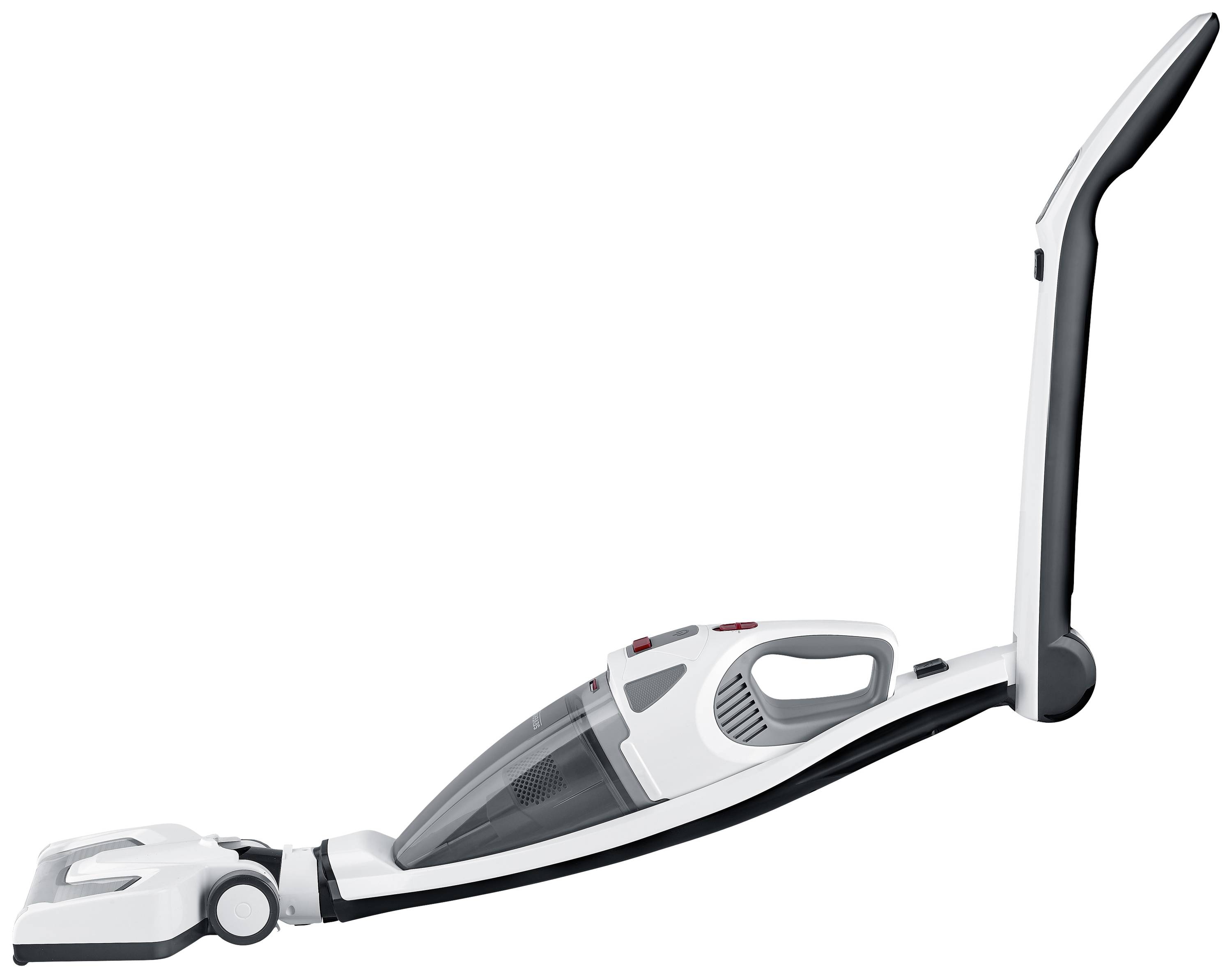 Ein weißer, modern gestalteter kabelloser Stabstaubsauger mit ergonomischem Griff, geeignet für effizientes Säubern von Böden.