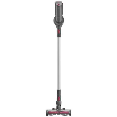 Schnurloser Stabstaubsauger in grau mit roten Akzenten und LED-Leuchten an der Düse. Hochformat.