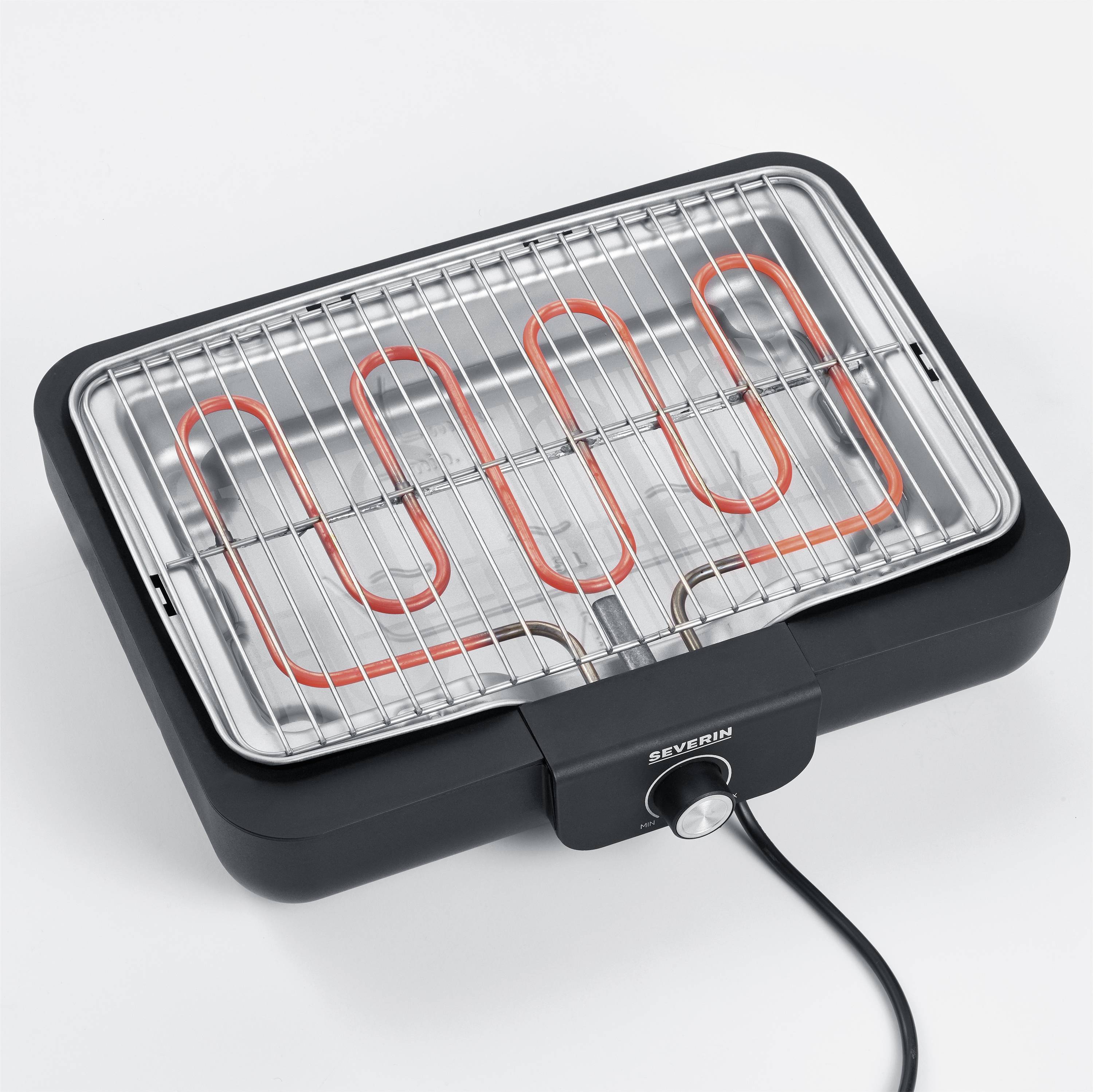 Ein elektrischer Tischgrill mit Heizspirale und Metallrost, schwarz, geeignet für Grillen im Innenbereich.