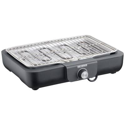 Ein schwarzer, rechteckiger Elektrogrill mit Metallrost und Drehknopf im Vordergrund. Geeignet für Innen- und Außennutzung.