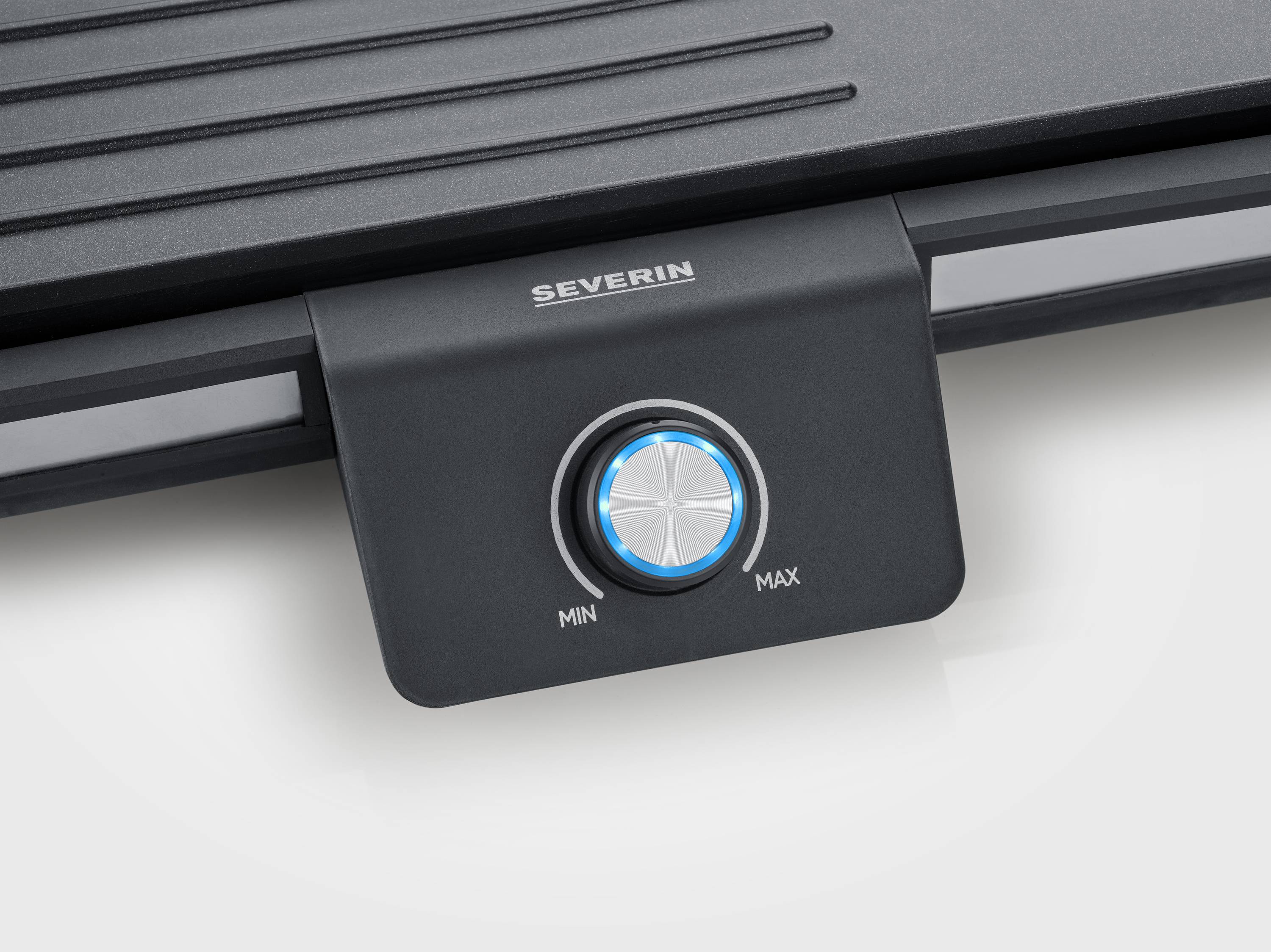 Temperaturregler eines Severin-Grills, zeigt Skala von 'Min' bis 'Max'. 