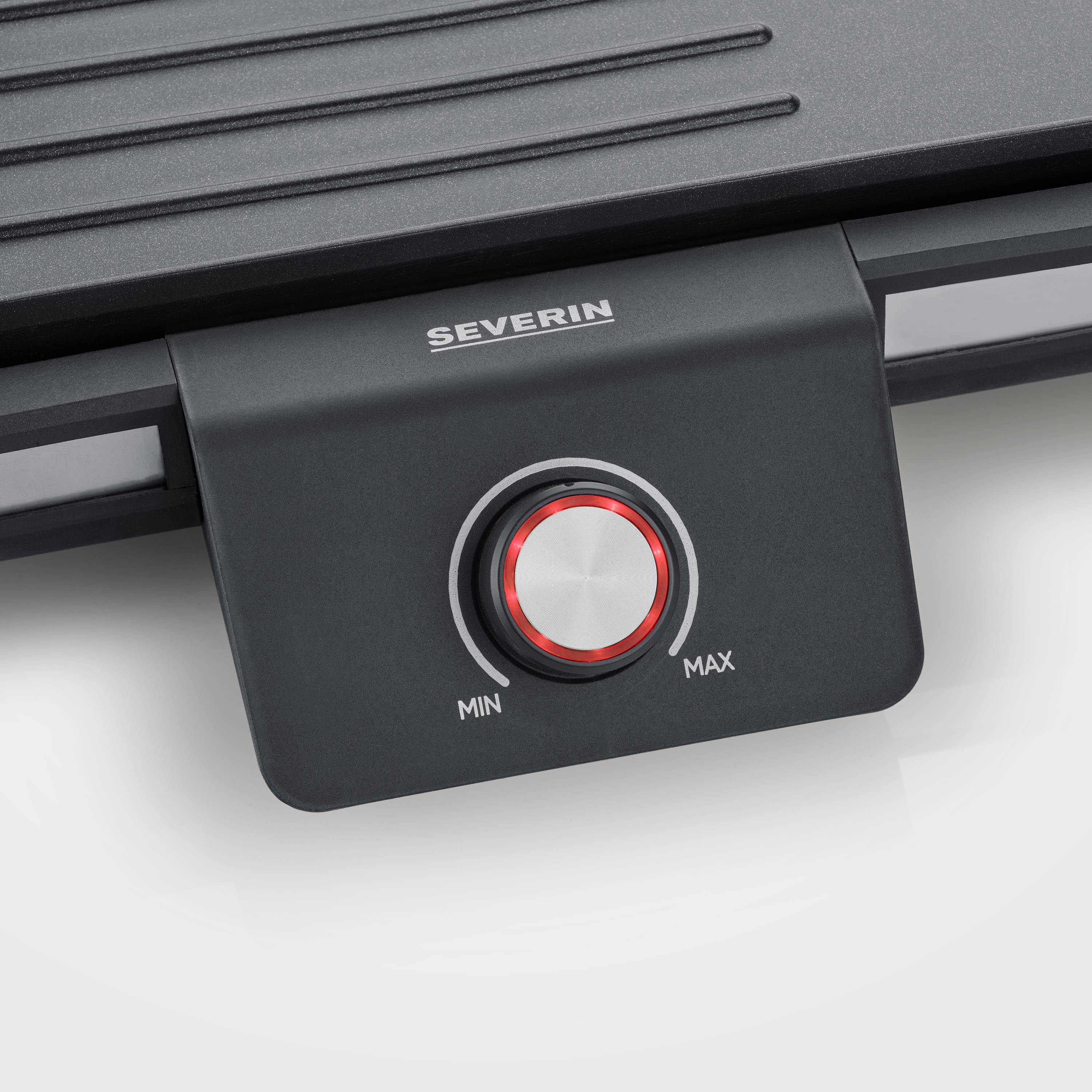 Elektrogrill mit Temperaturregler, von Min bis Max einstellbar, zeigt ein modernes Design mit grauer Oberfläche.