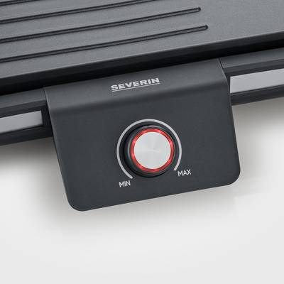 Elektrogrill mit Temperaturregler, von Min bis Max einstellbar, zeigt ein modernes Design mit grauer Oberfläche.