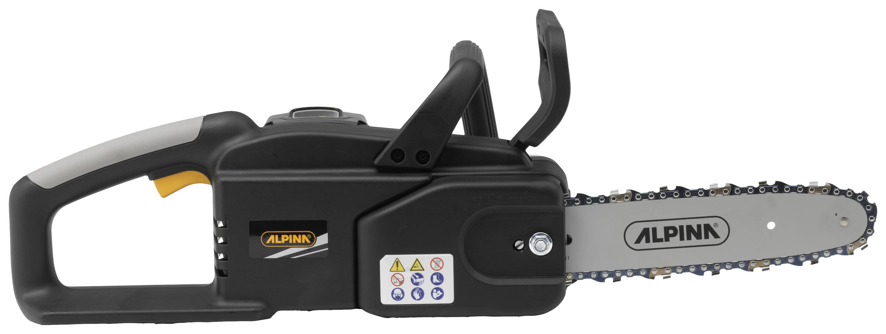 Eine schwarze elektrische Kettensäge der Marke Alpina, seitliche Ansicht. Sie zeigt die Schwertlänge und Sicherheitsaufkleber.