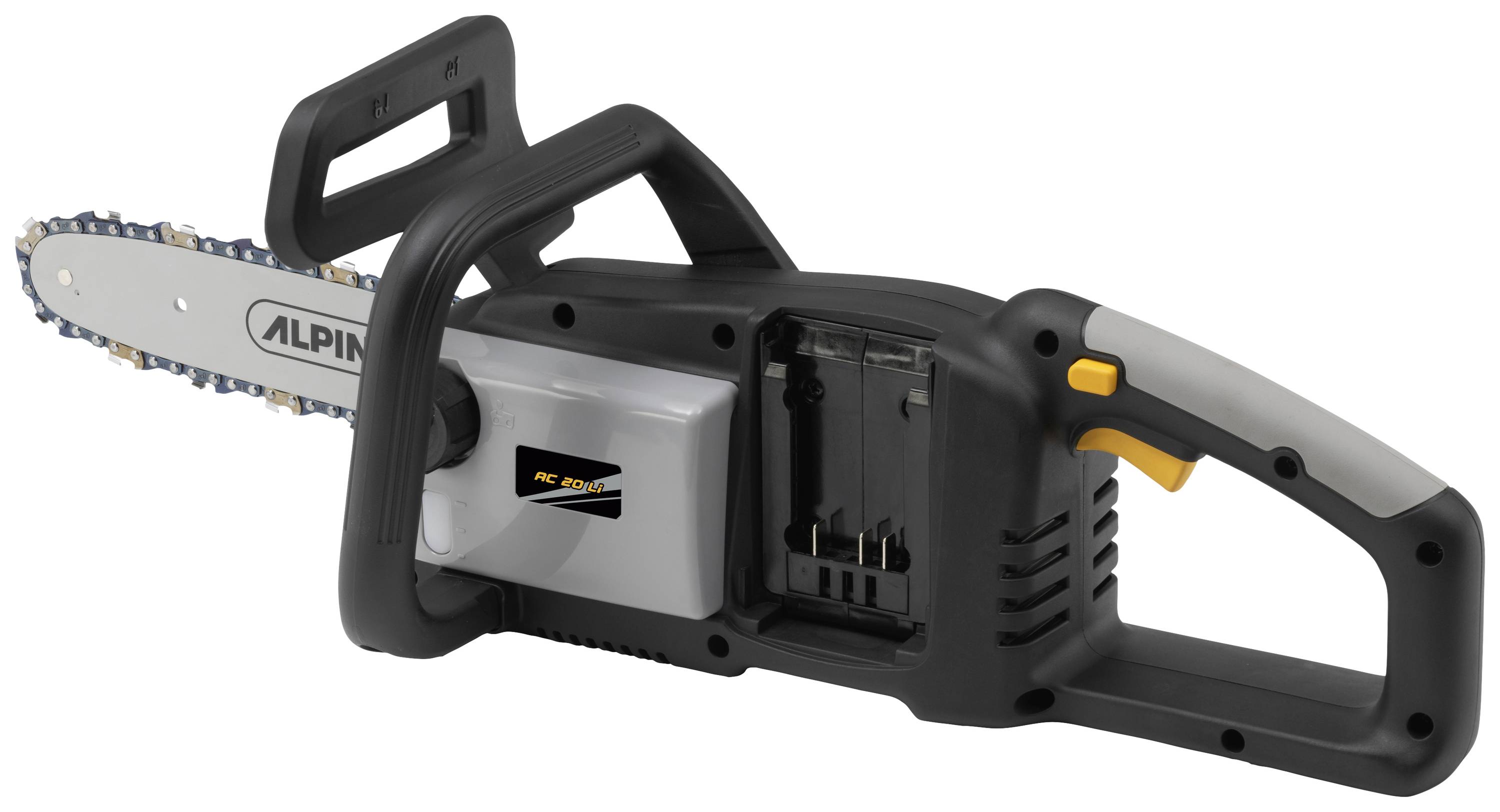 Eine weiße und schwarze elektrische Kettensäge mit dem Markenlogo 'Alpina' auf der Kette. Sie hat einen gelben Knopf am Griff.