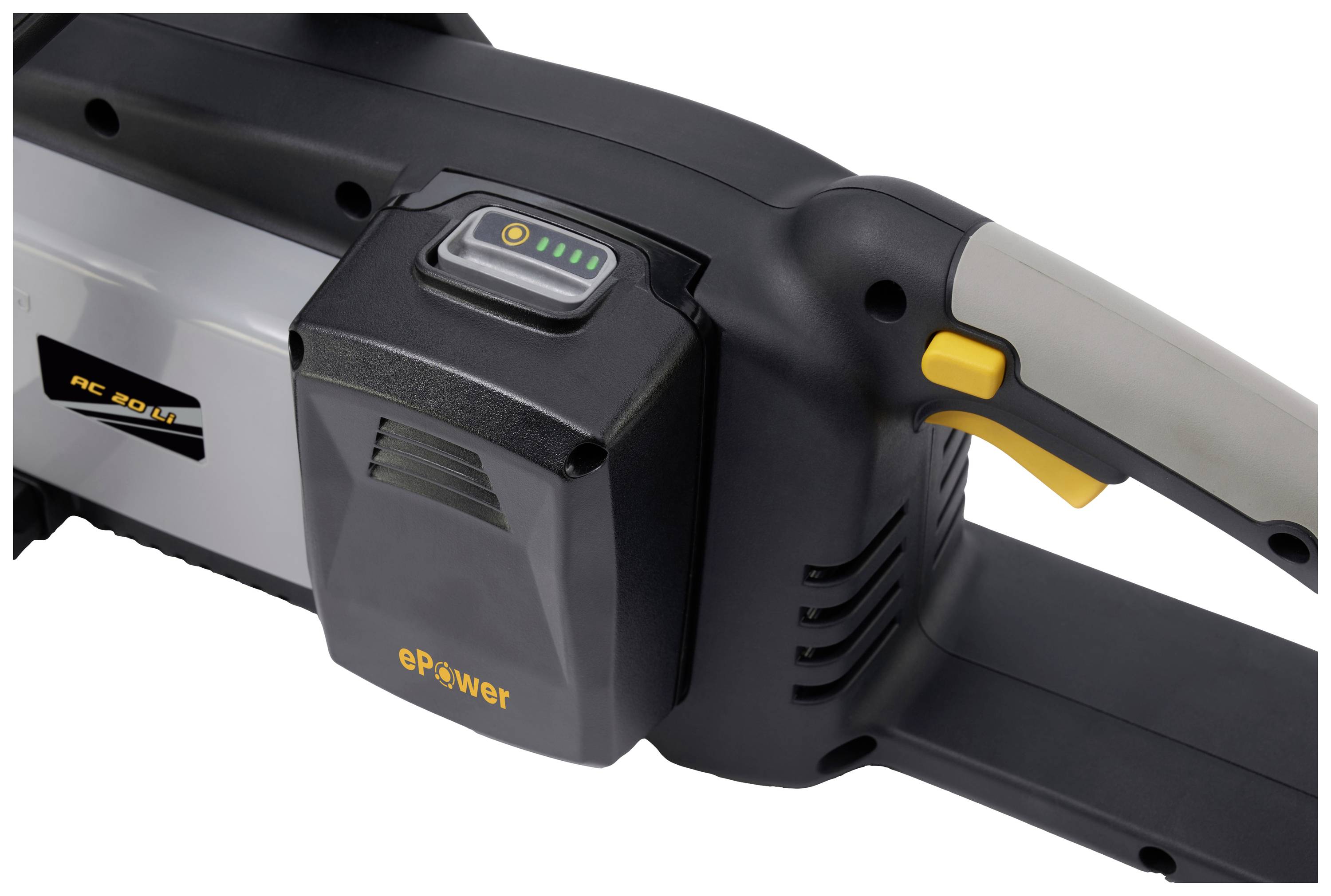 Akkubetriebener Werkzeuggriff mit gelbem Schalter und Ladeanzeige. Markierung 'ePower' auf der Batterie.