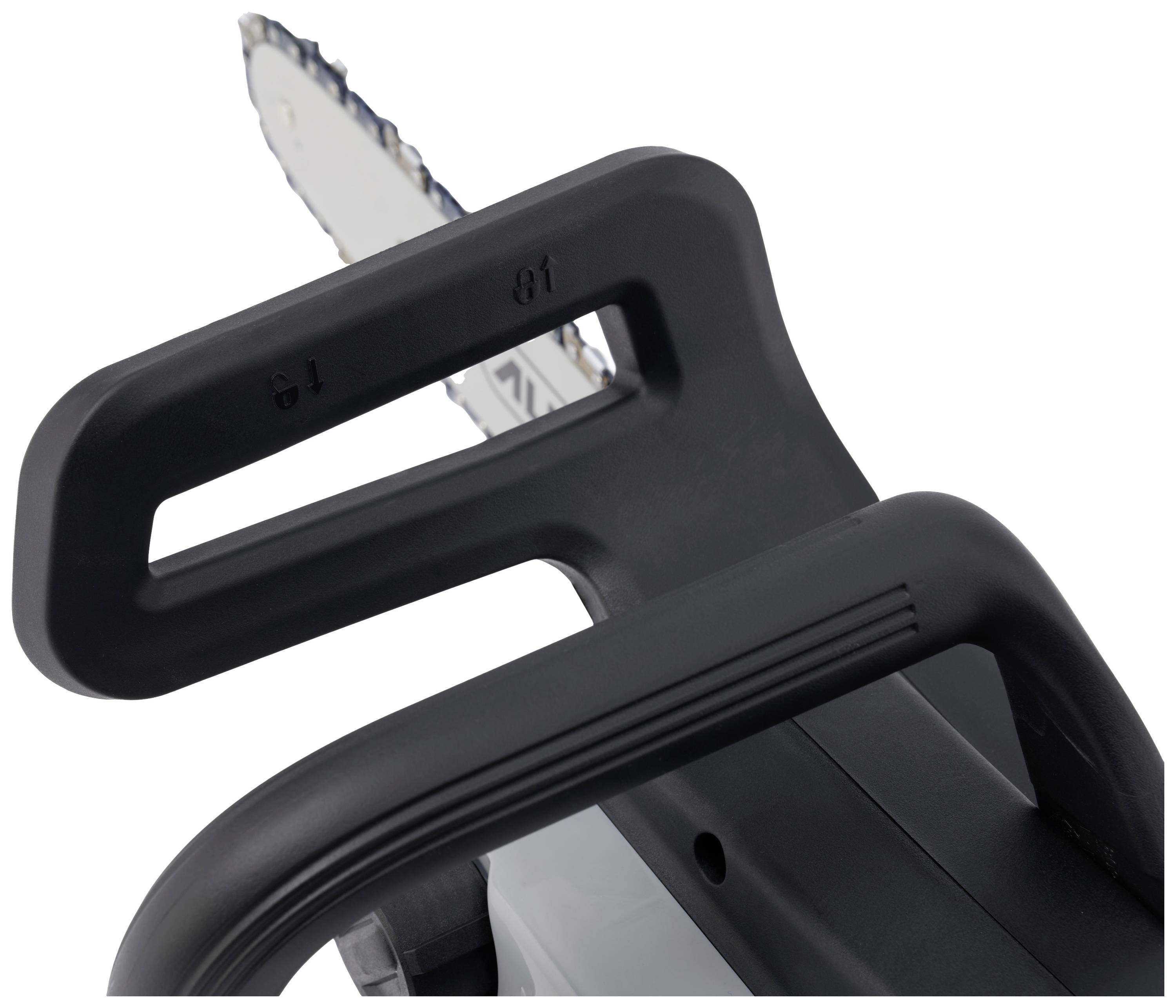 Nahaufnahme einer Kettensäge: Fokus auf den Griff und die Spitze der Kette.