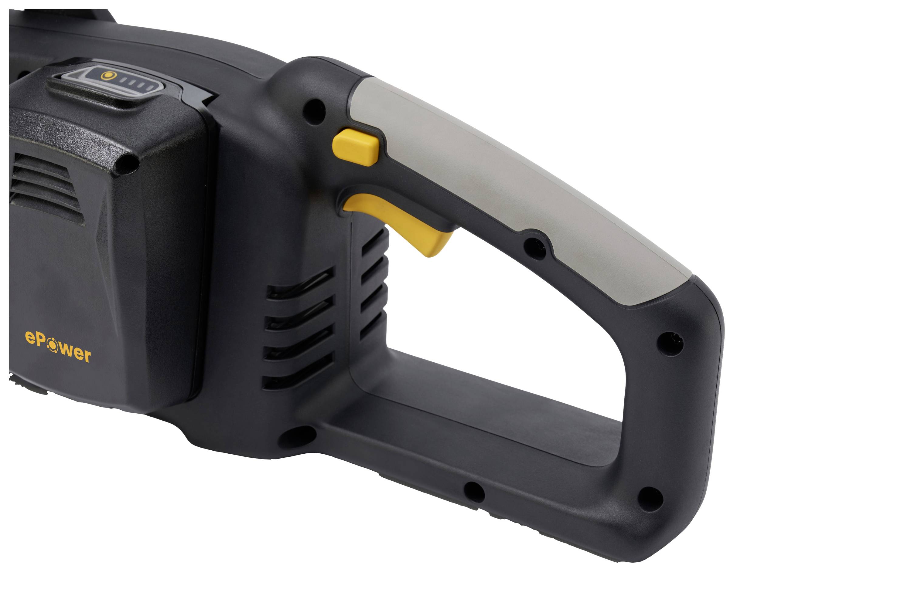 Schwarzer und grauer Griff eines Elektrogeräts mit gelben Akzenten. Gerätedesign deutet auf tragbare Verwendung hin.