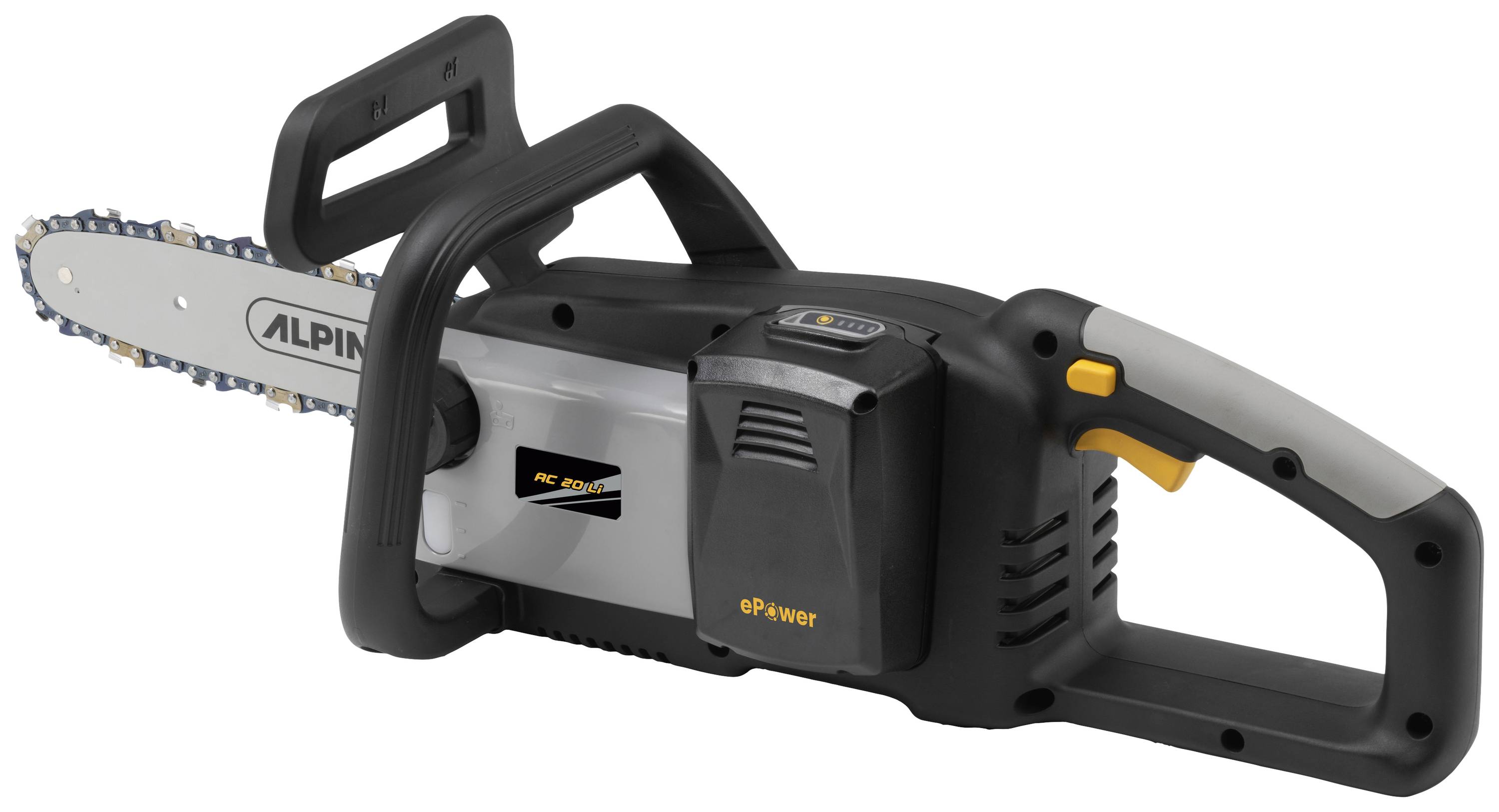Akku-Kettensäge der Marke ALPINA mit grauem und schwarzem Gehäuse, sichtbarem Kettenschwert und ergonomischem Griffdesign.
