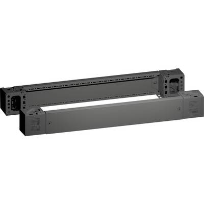 Zwei schwarze, rechteckige mechanische Teile übereinander angeordnet mit Löchern und Markierungen, möglicherweise technische Komponenten.