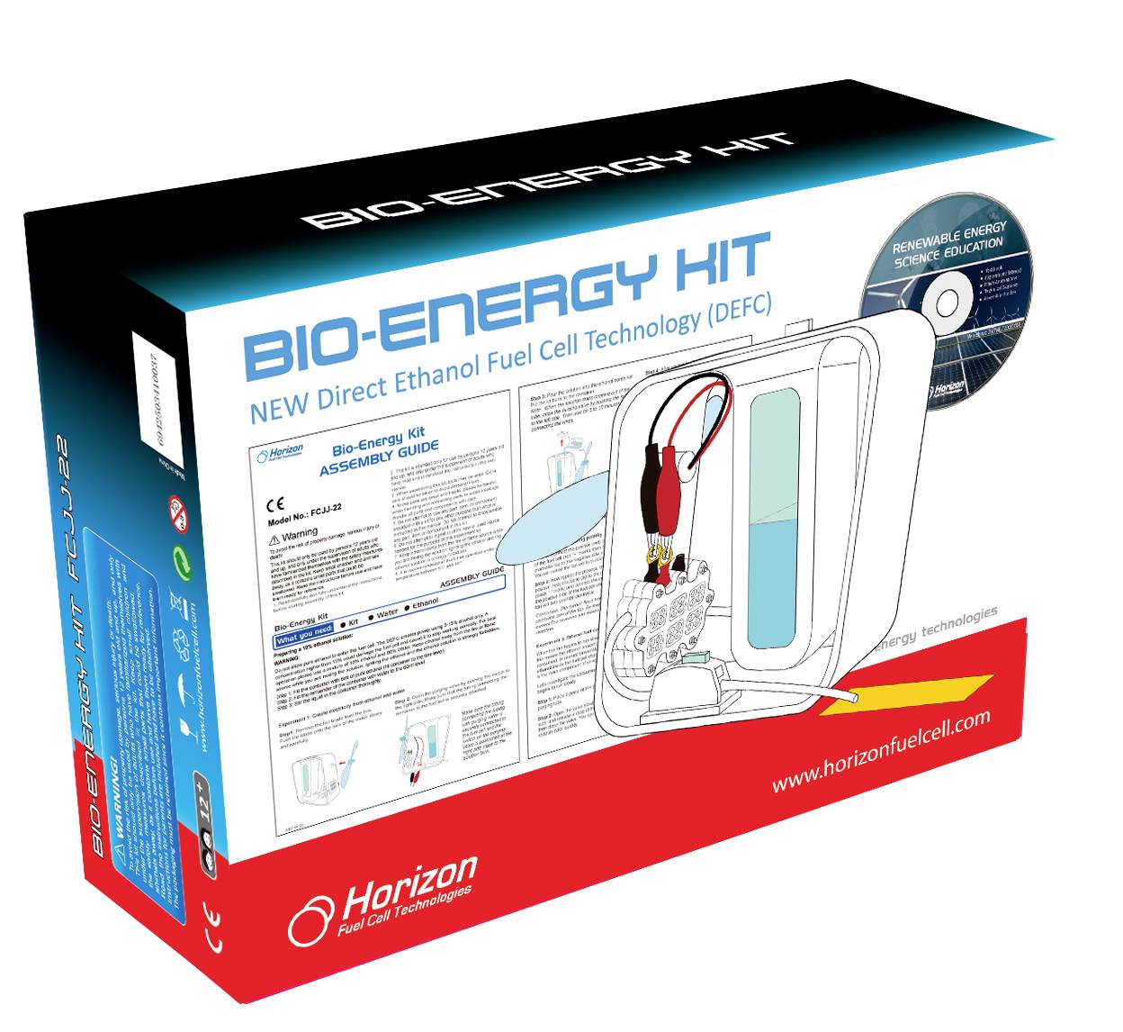 Bio-Energy Kit Verpackung mit Anleitung zur Ethanol-Brennstoffzellentechnik, illustriertem Diagramm und Informations-CD.