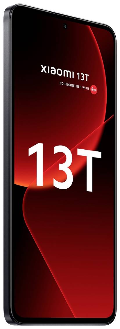 Smartphone mit schwarzem Rahmen und rotem Bildschirm; Text 'Xiaomi 13T Co-engineered with Leica' ist sichtbar.