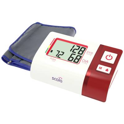 Elektronisches Blutdruckmessgerät mit Manschette. Display zeigt systolischen Druck 128, diastolischen Druck 68, Puls 72.