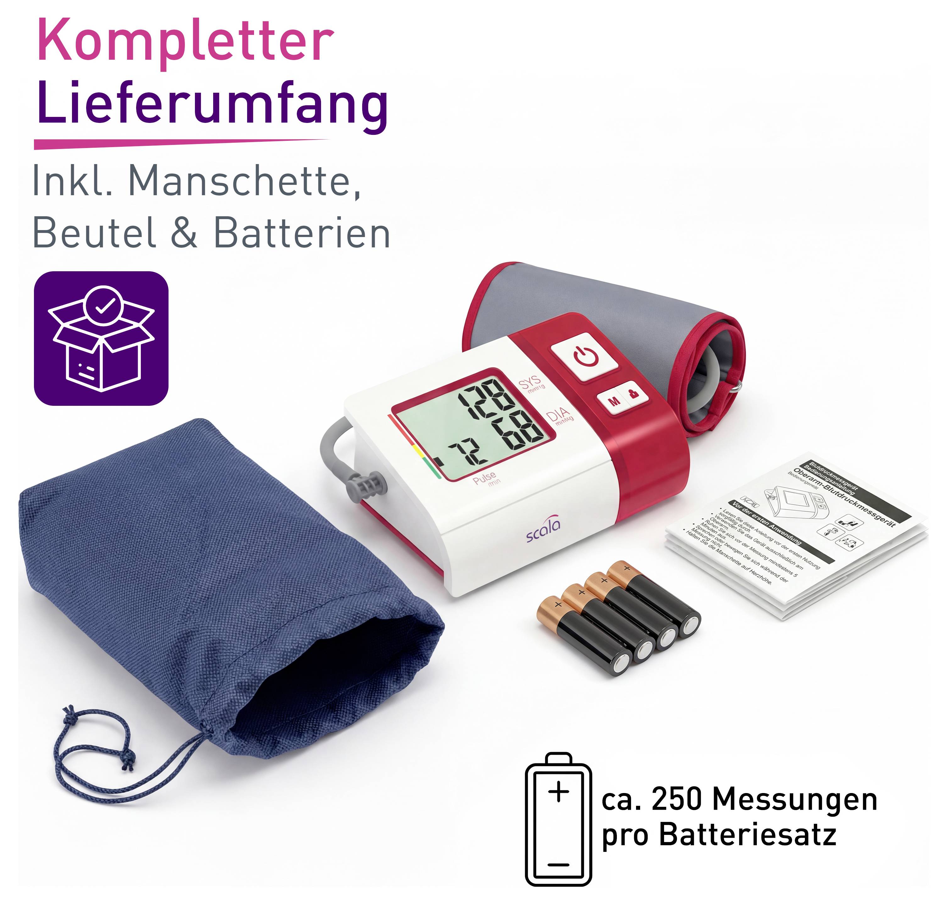 Ein Blutdruckmessgerät mit Manschette, Batterien und Aufbewahrungsbeutel. Text sagt 'Kompletter Lieferumfang', ca. 250 Messungen.