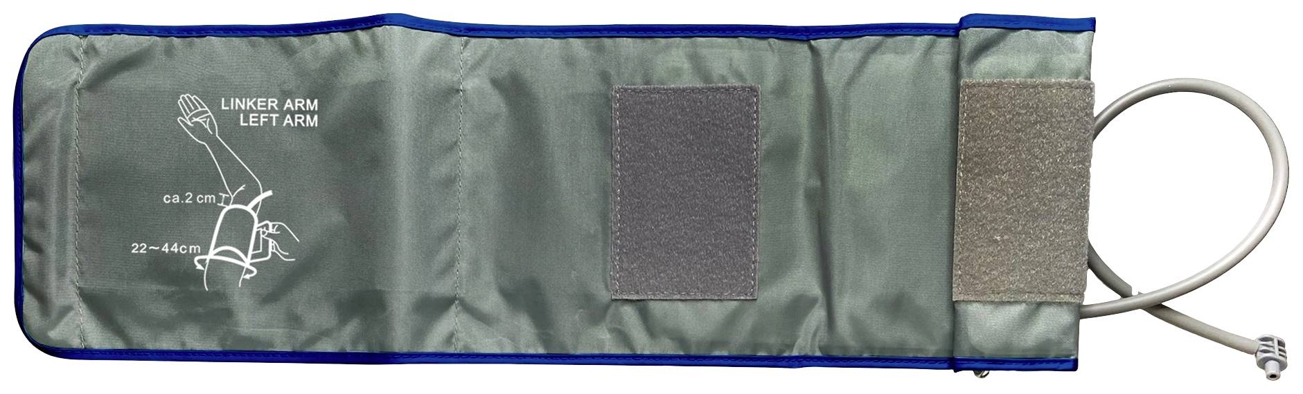 'Oberarm-Blutdruckmanschette für den linken Arm, geeignet für einen Armumfang von 22-44 cm, mit Klettverschluss.'