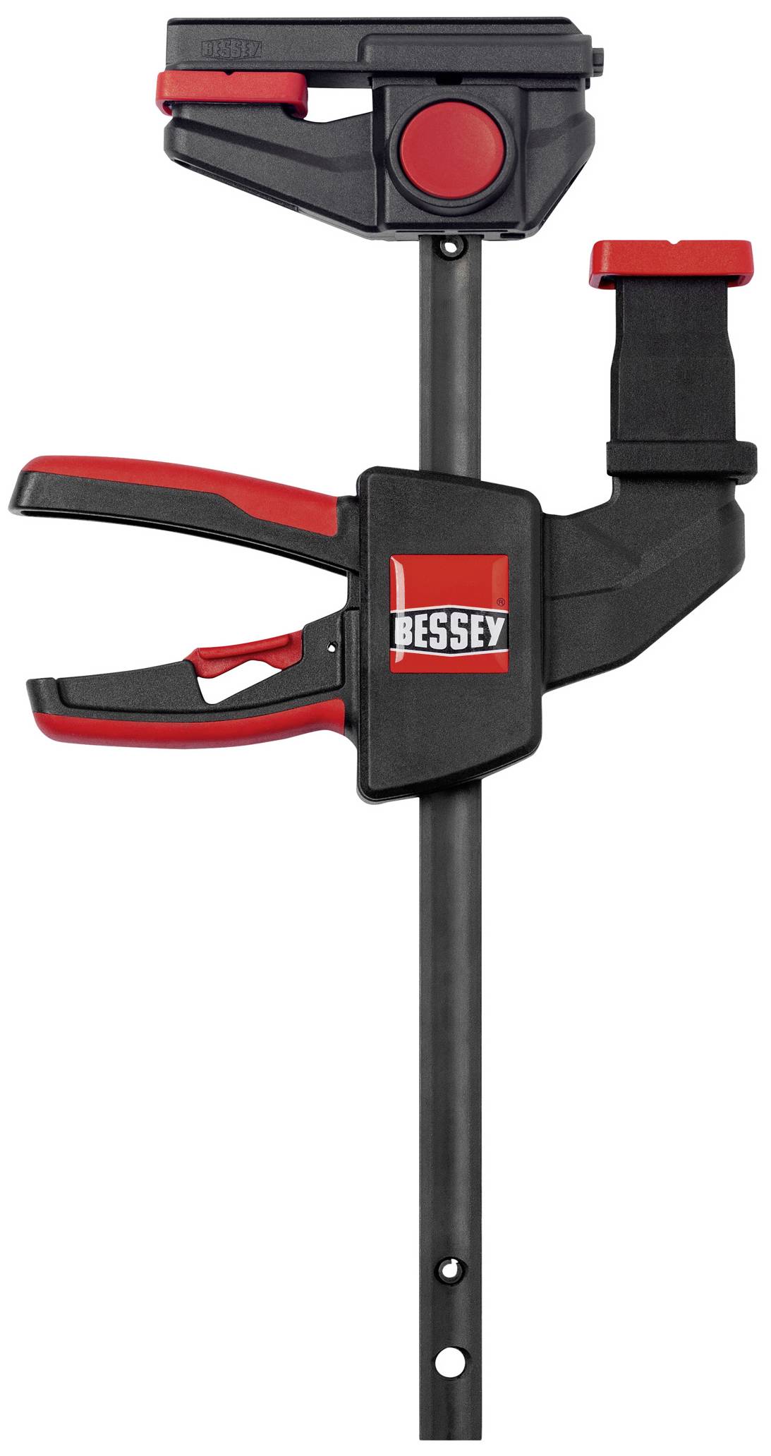 Einhandzwinge mit rotem Griff und schwarzem Rahmen mit Bessey-Logo, zum Fixieren von Werkstücken bei Handwerksarbeiten.