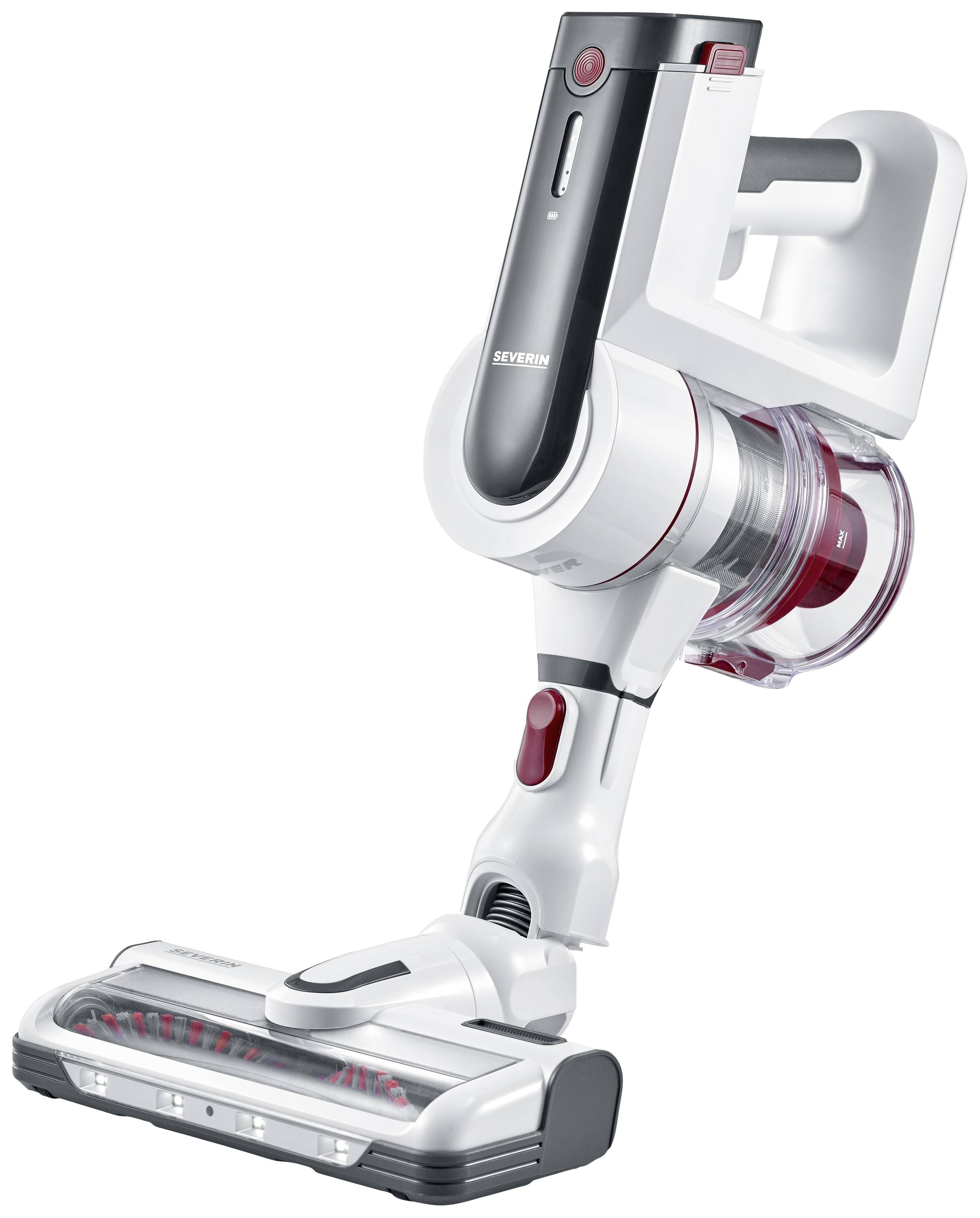 Kabelloser Staubsauger mit transparentem Staubbehälter, ergonomischem Griff und drehbarem Bürstenkopf, stehend abgebildet.