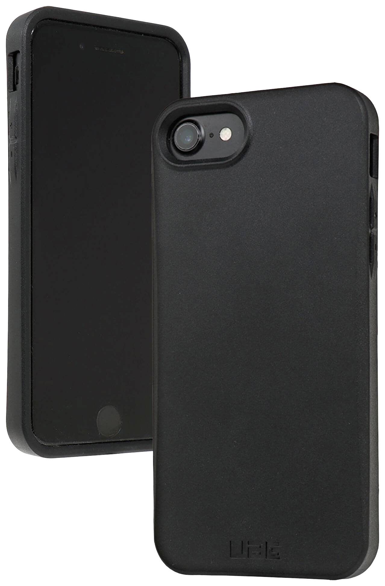 Schwarzes Smartphone-Case, robustes Design, zeigt Vorder- und Rückansicht. Fokus auf Schutz und minimalistisches Aussehen.