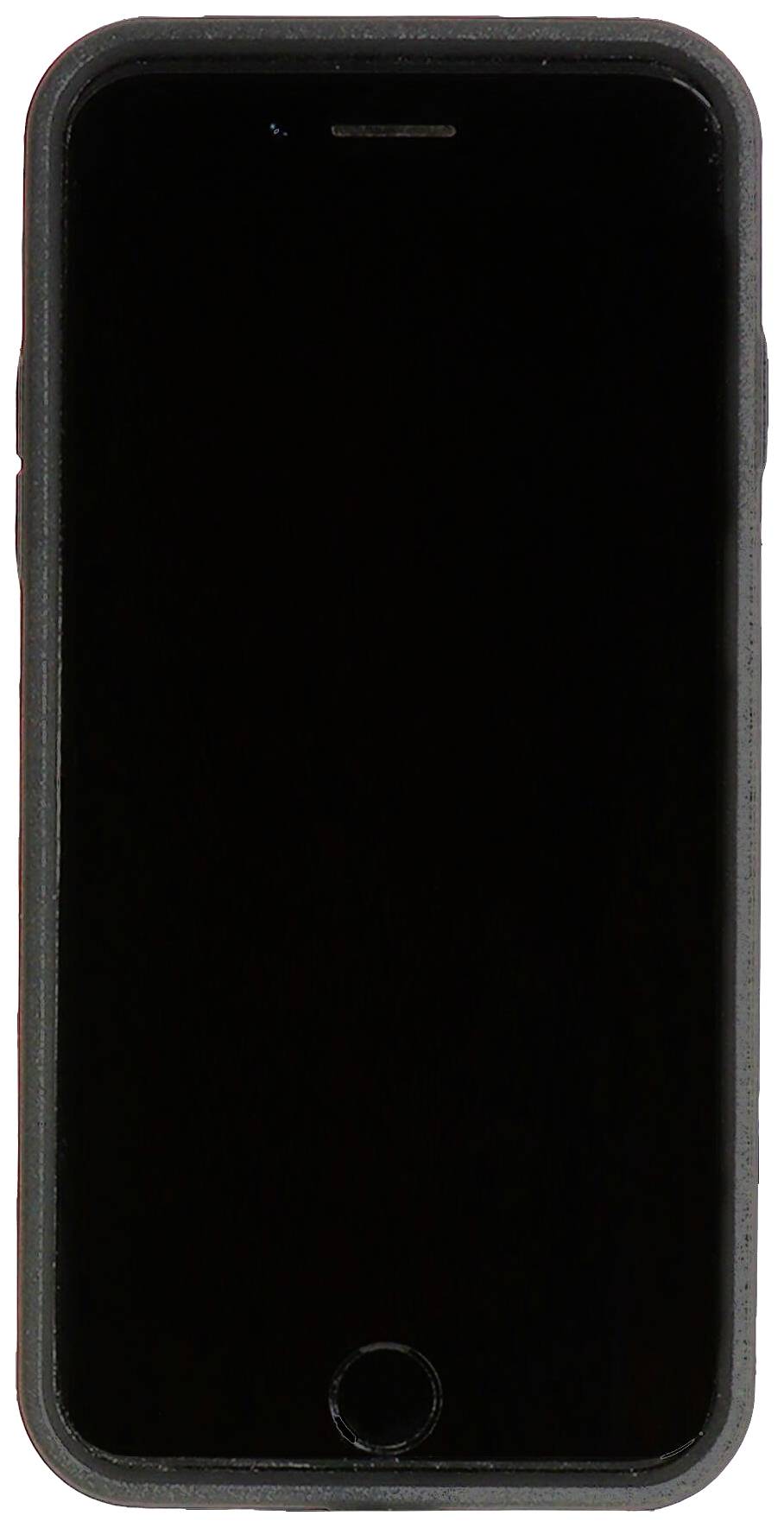 Ein Smartphone mit einem schwarzen Bildschirm, umgeben von einer dunklen Schutzhülle.