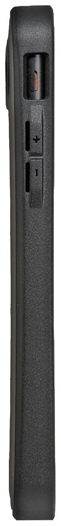 Schwarzes, seitliches Profil eines elektronischen Geräts mit Knopf und Schalter.