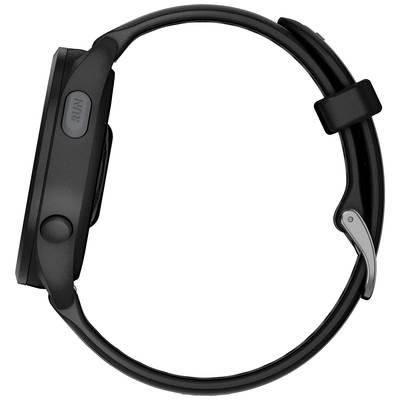 Eine schwarze Smartwatch in Seitenansicht mit einem runden Gehäuse und einem schlichten Armband.