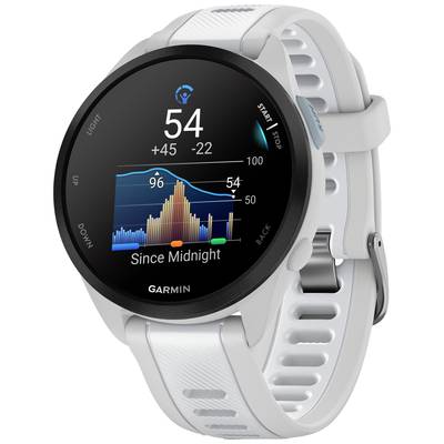 Eine Smartwatch zeigt Fitnessdaten mit Diagramm an. Oben steht '54', darunter Balkendiagramm mit Werten seit Mitternacht. Markenname unten.