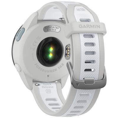 Rückseite einer weißen Sportuhr mit Sensoren und der Aufschrift 'GARMIN', Modell 'Forerunner 165'.