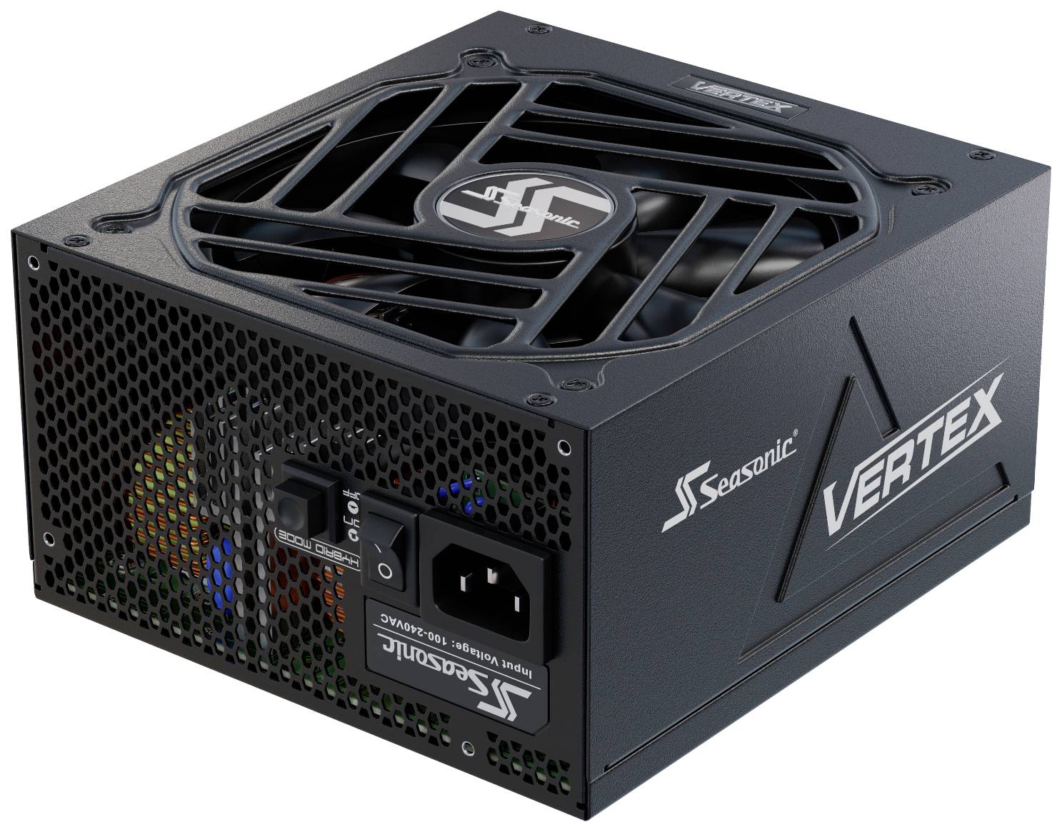 Ein schwarzes Computer-Netzteil mit dem Logo 'Seasonic' und der Modellbezeichnung 'Vertex'. Es zeigt Lüfter, Schalter und Anschlussmöglichkeiten.