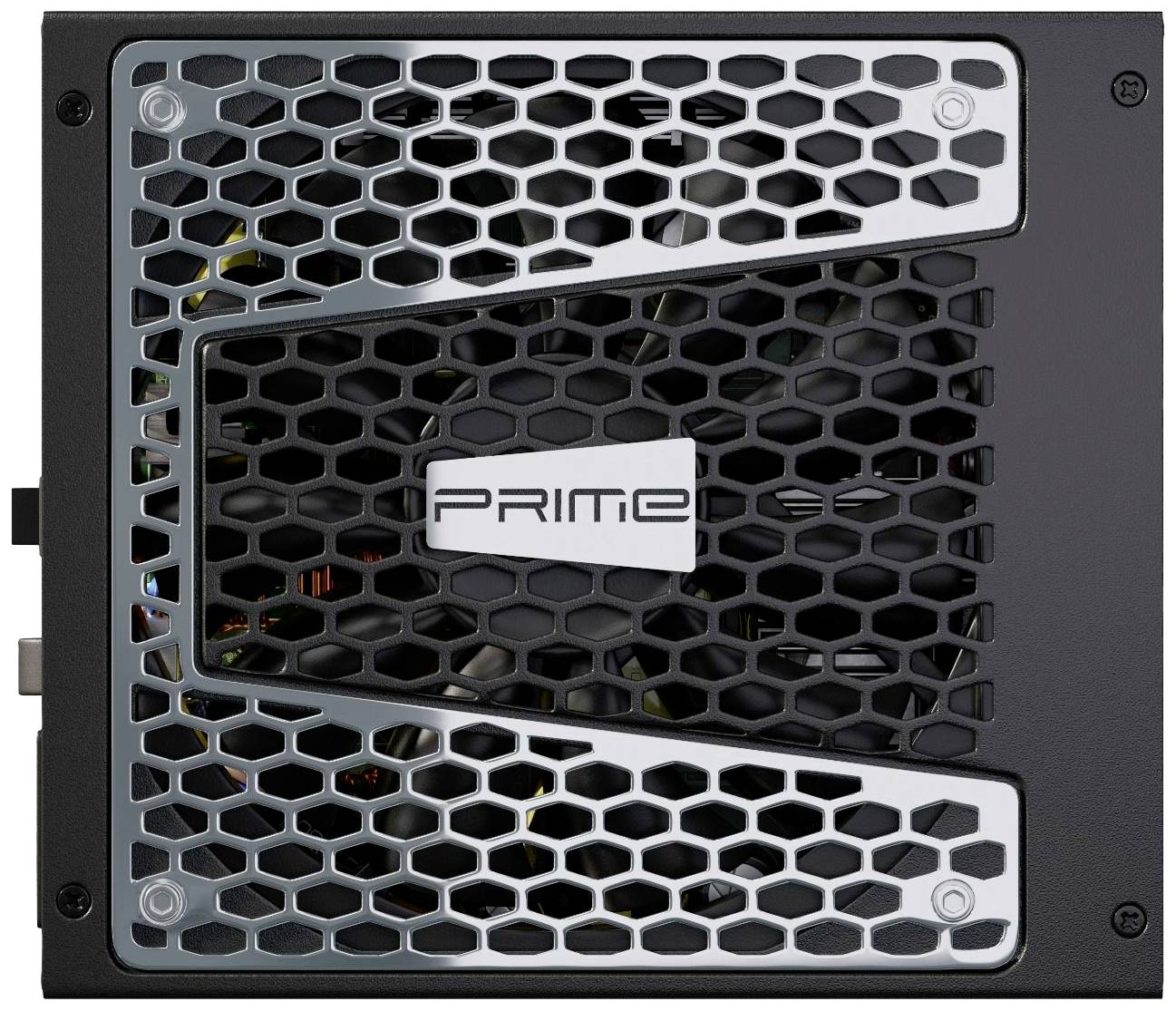 Schwarzes Computernetzteil mit Lüftungsgitter, silbernem Rahmen und Markenlogo in der Mitte.