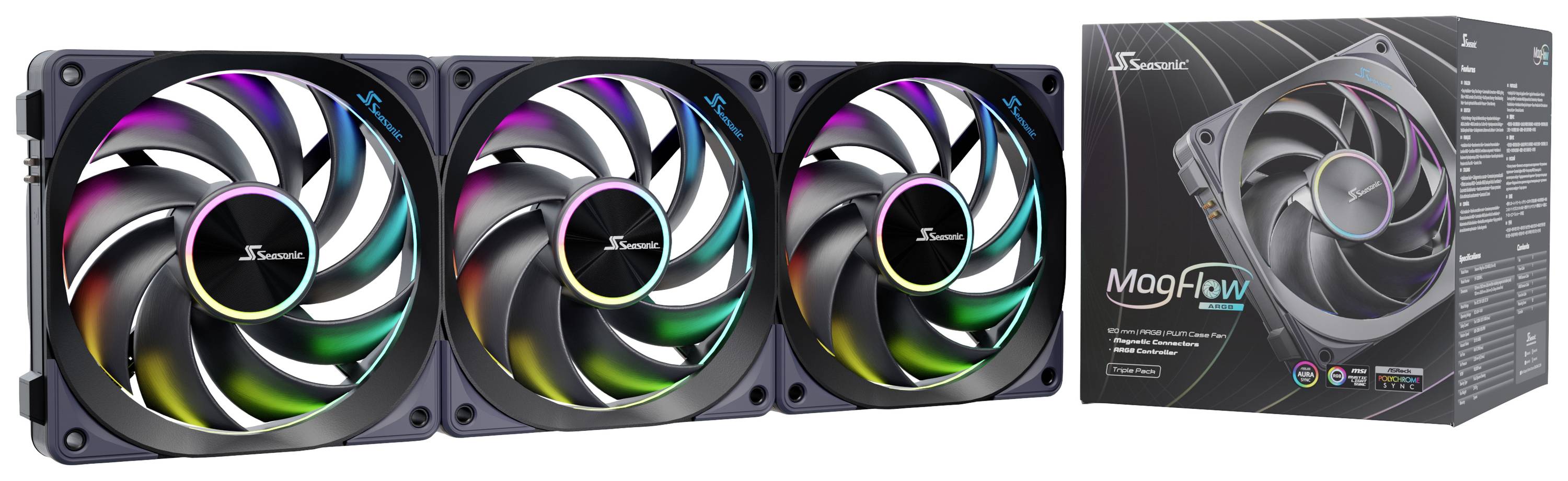 'Drei bunte Computer-Lüfter nebeneinander, rechts daneben steht die 'MagFlow'-Verpackung von Seasonic.'