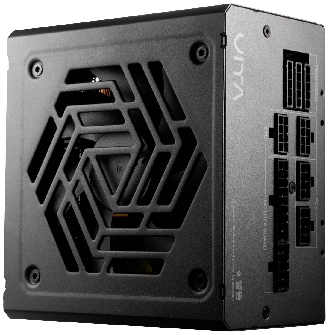 Ein rechteckiges, schwarzes Computer-Netzteil mit einem sechseckigen Lüftergitter und mehreren Anschlüssen auf der rechten Seite.