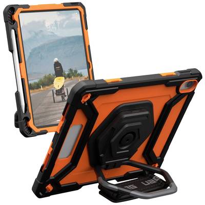 Zwei robuste Tablet-Hüllen in schwarz-orange. Eine zeigt das Frontdisplay mit einem Radfahrer-Bild, die andere eine eingeklappte Halterung.