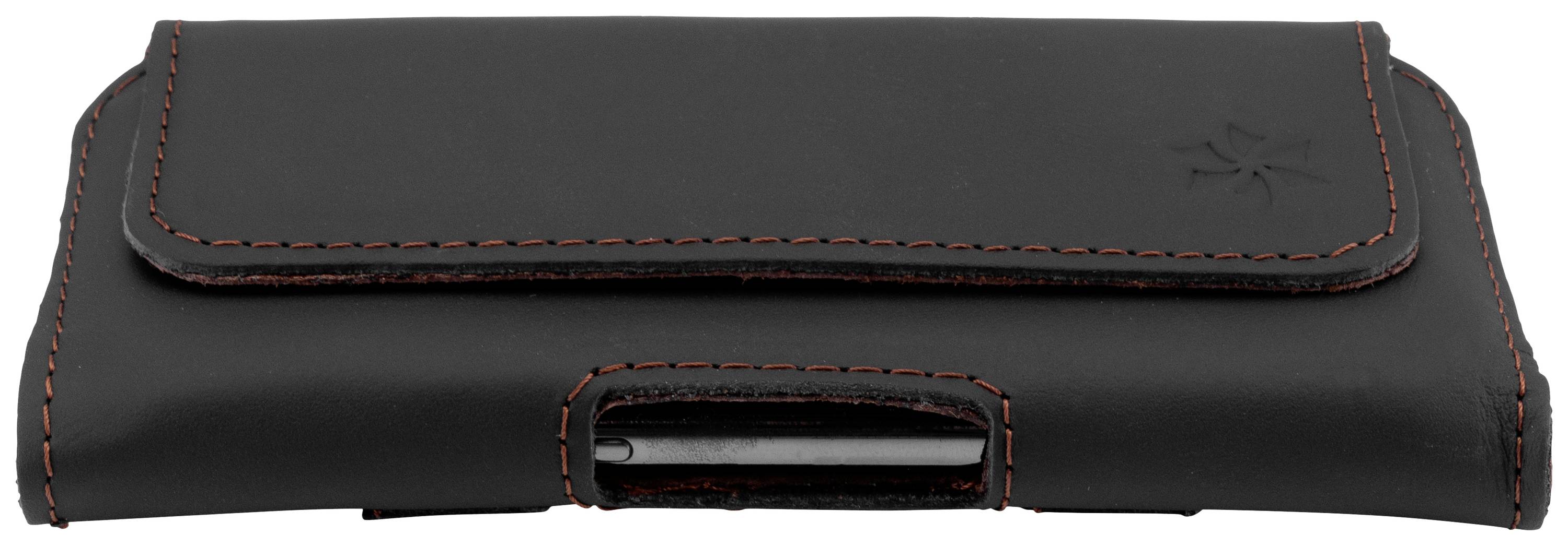 Eine schwarze Handy-Gürteltasche aus Leder mit roter Naht. Die Klappe ist geschlossen und zeigt das darunterliegende Handy.