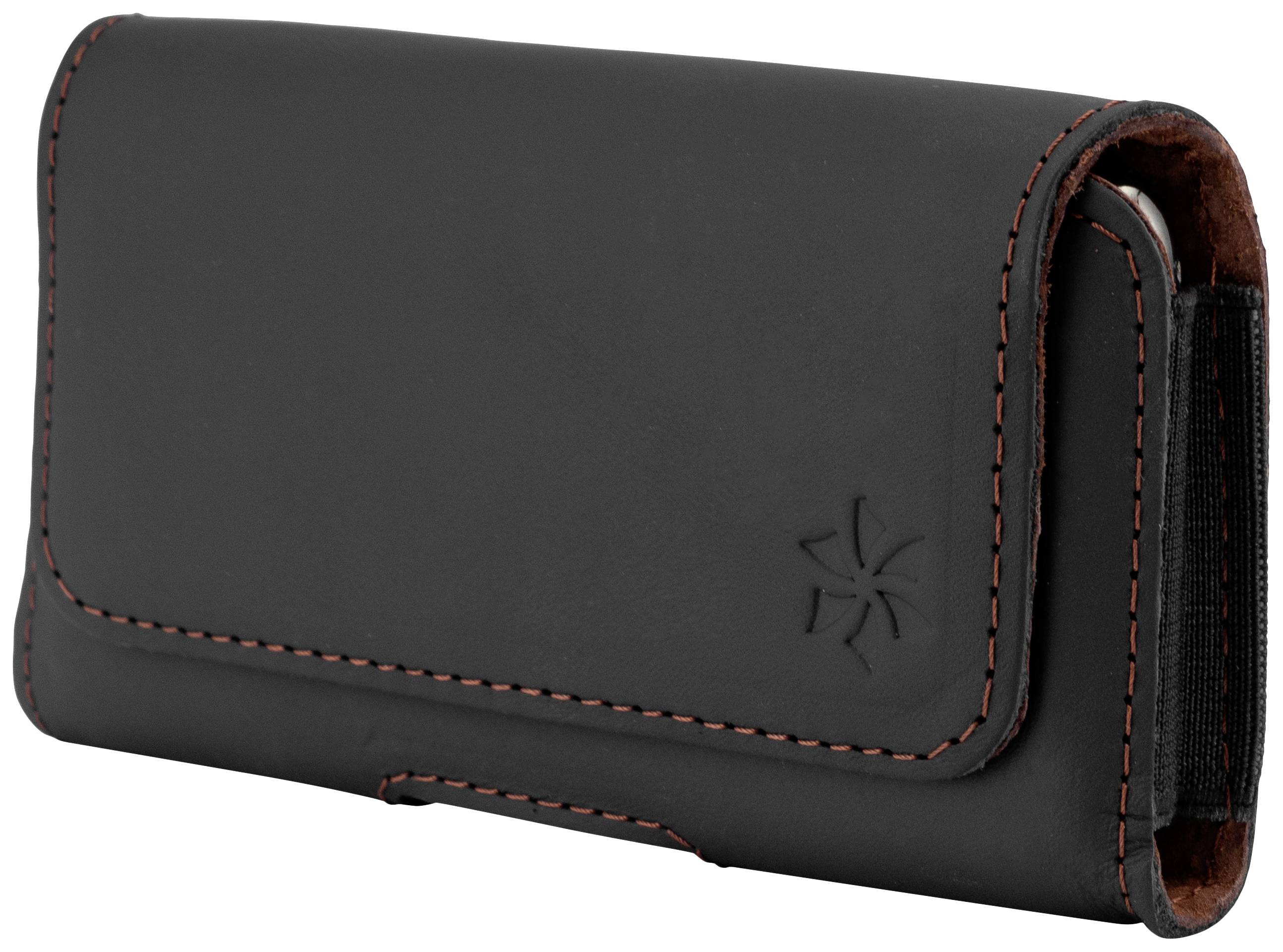 Schwarze Handy-Ledertasche mit roter Naht, geschlossen. Ideal zum Schutz und Transport eines Mobiltelefons.